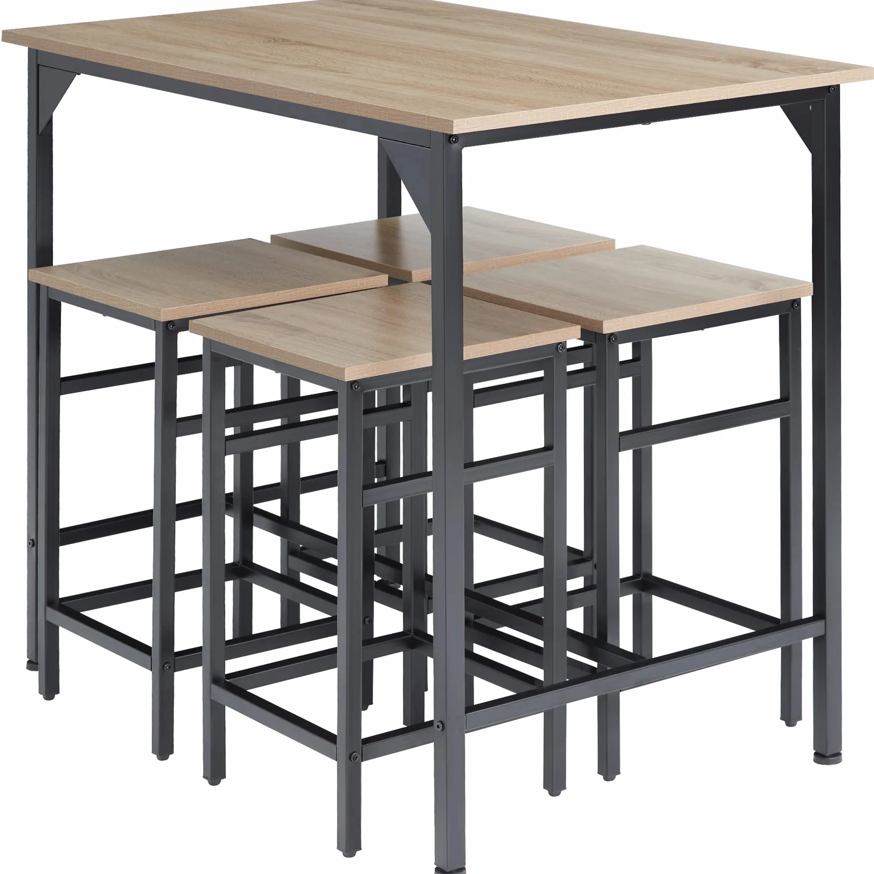 tectake® Mesa Alta de Bar con 4 Taburetes, Mueble de Cocina Estilo Industrial, Diseño Comedor y Mesa Cocina, Muebles de Salon, Taburete - 100 x 124 x 88,5 cm Madera Industrial Clara, Roble Sonoma