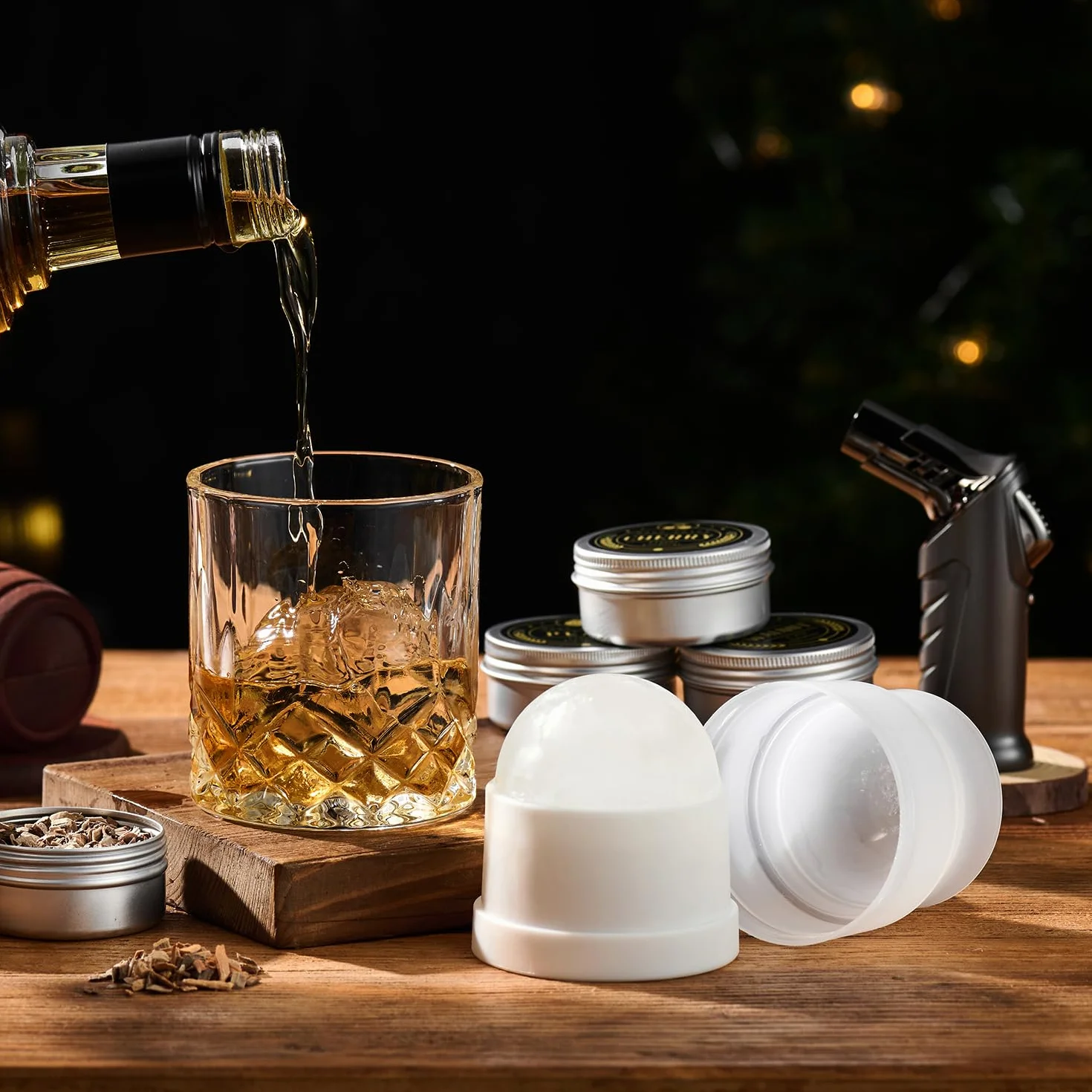 Kit de ahumador de whisky con antorcha, 6 sabores, chips de madera, 2 vasos, 2 moldes de bolas de hielo
