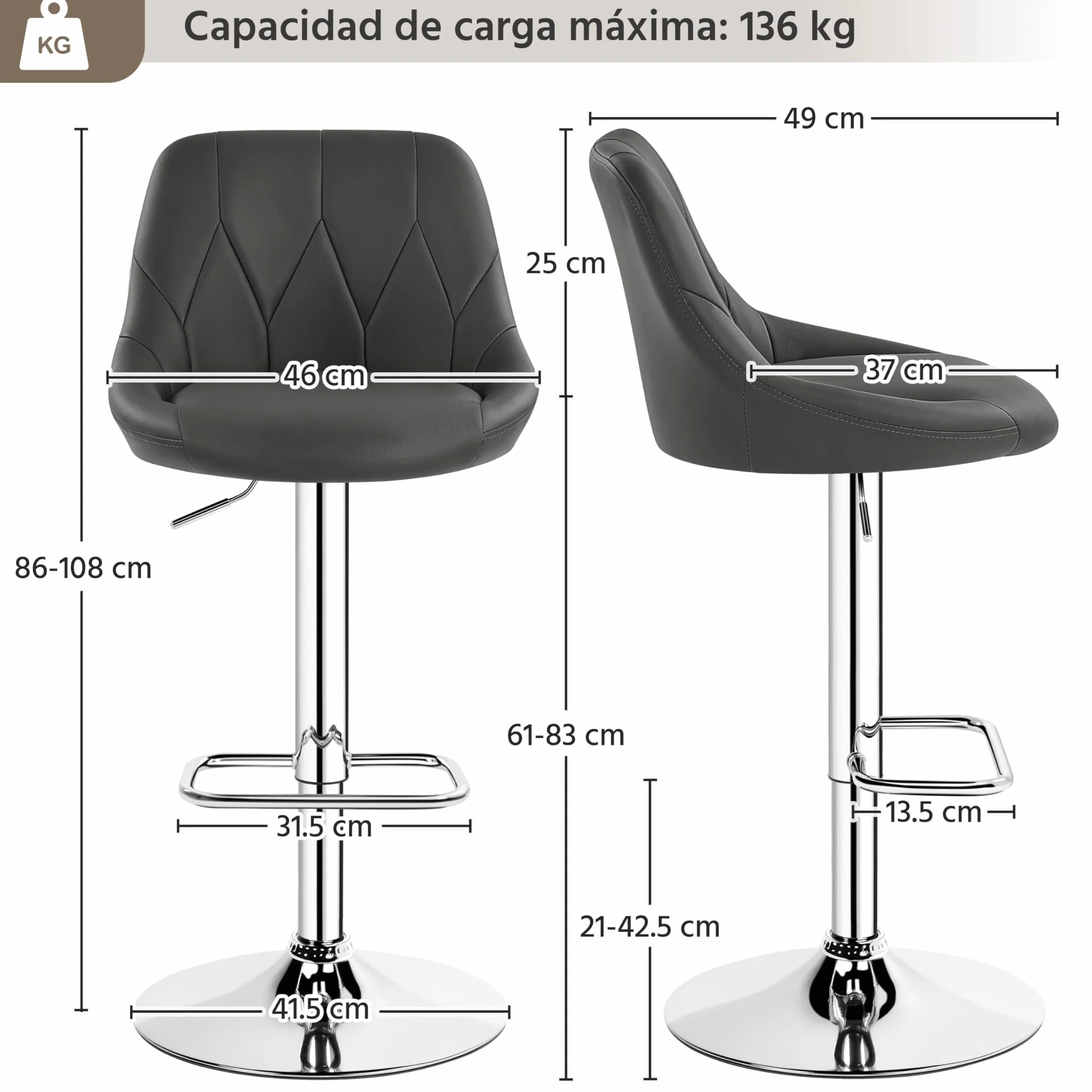 Yaheetech Juego de 2 Taburetes de Bar Ajustables 86-107,5 cm Asiento Giratorio Gris Oscuro