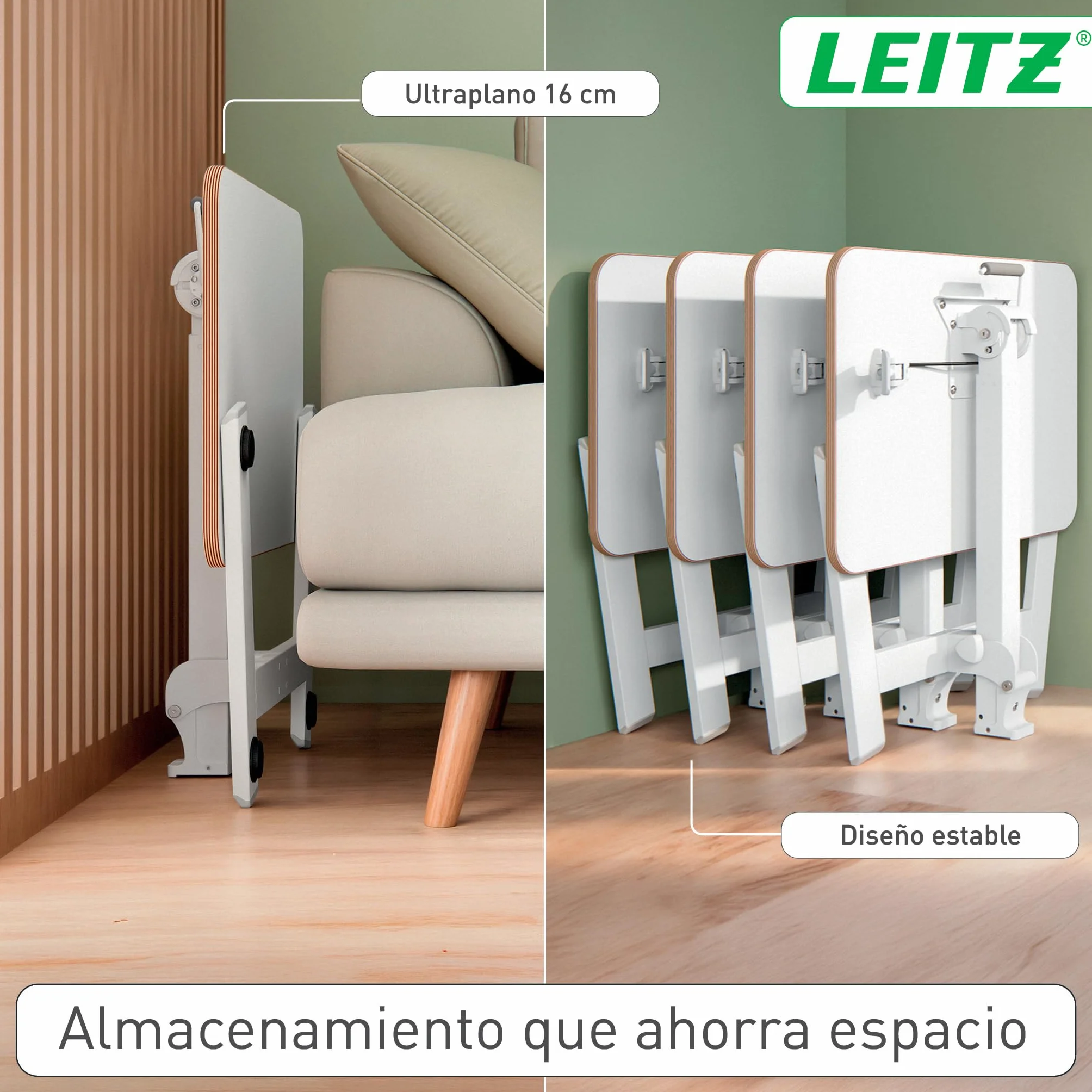Leitz Ergo Escritorio Compacto Plegable para Trabajar Sentado o de Pie – Mesa Portátil con Asa, pensado para Ordenador Portátil, Soporta hasta 20 kg, 65x46 cm, Blanca, 65880001
