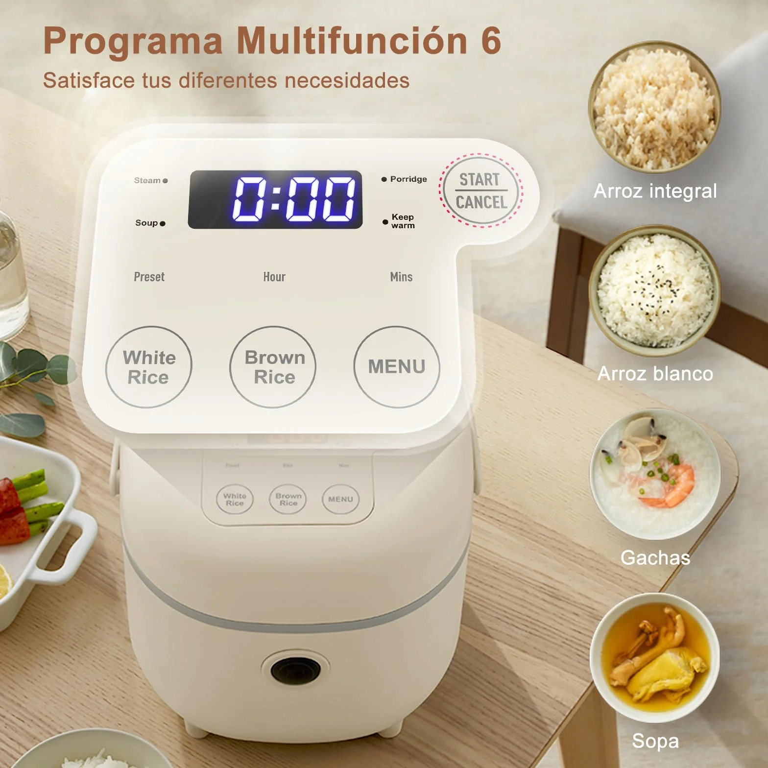 Bear Arrocera 3,5 Tazas Vaporera Mini Rice Cooker Multifuncional 350W 6 Funciones Cocción Arroz 2-4 Personas