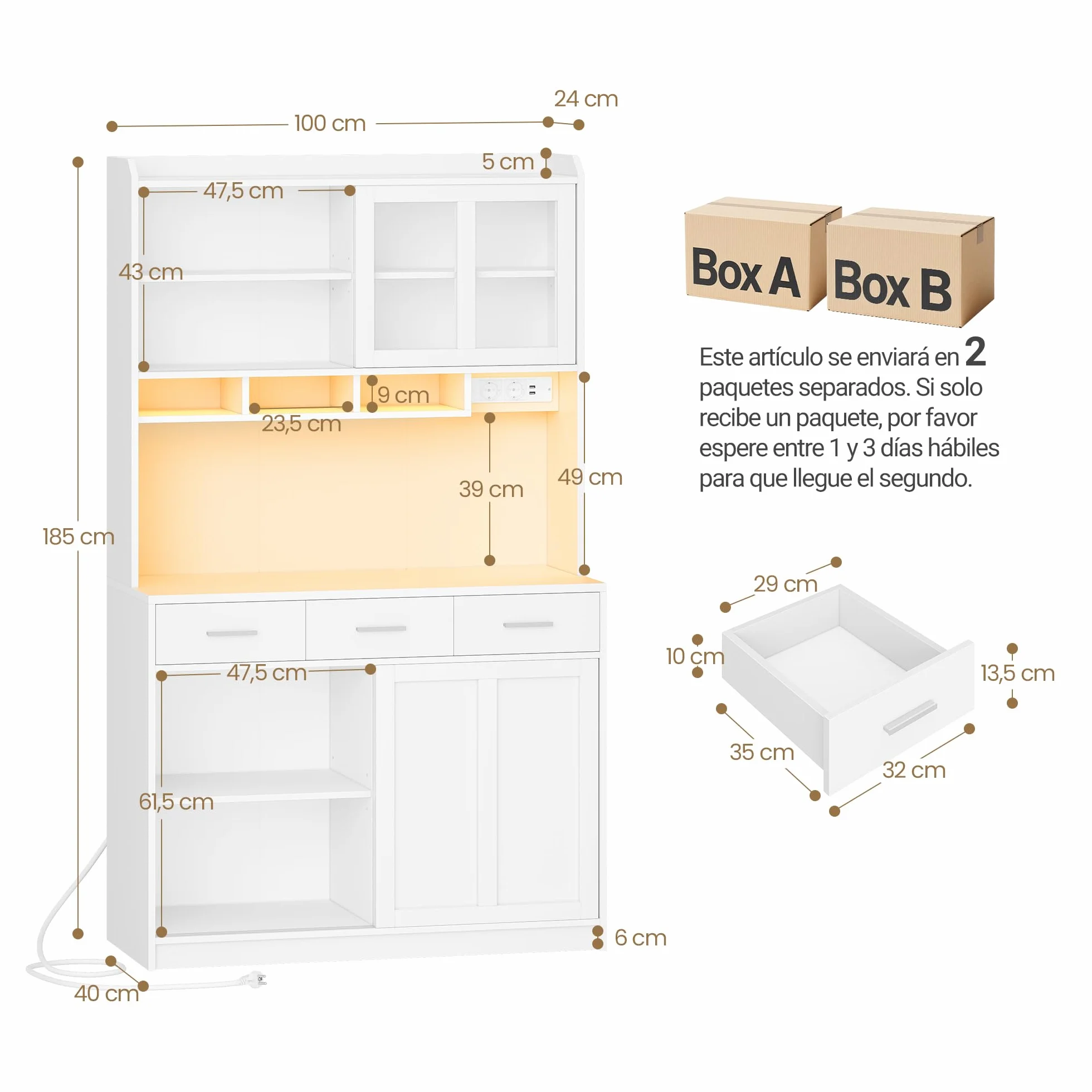 Hzuaneri Alacena de Cocina, Aparador Comedor con Iluminación Led y Regleta Eléctrica, Encimera, 3 Cajones, Estantes Ajustables, para Cocina o Comedor, 40 x 100 x 185 cm, Blanco 0110203XEU