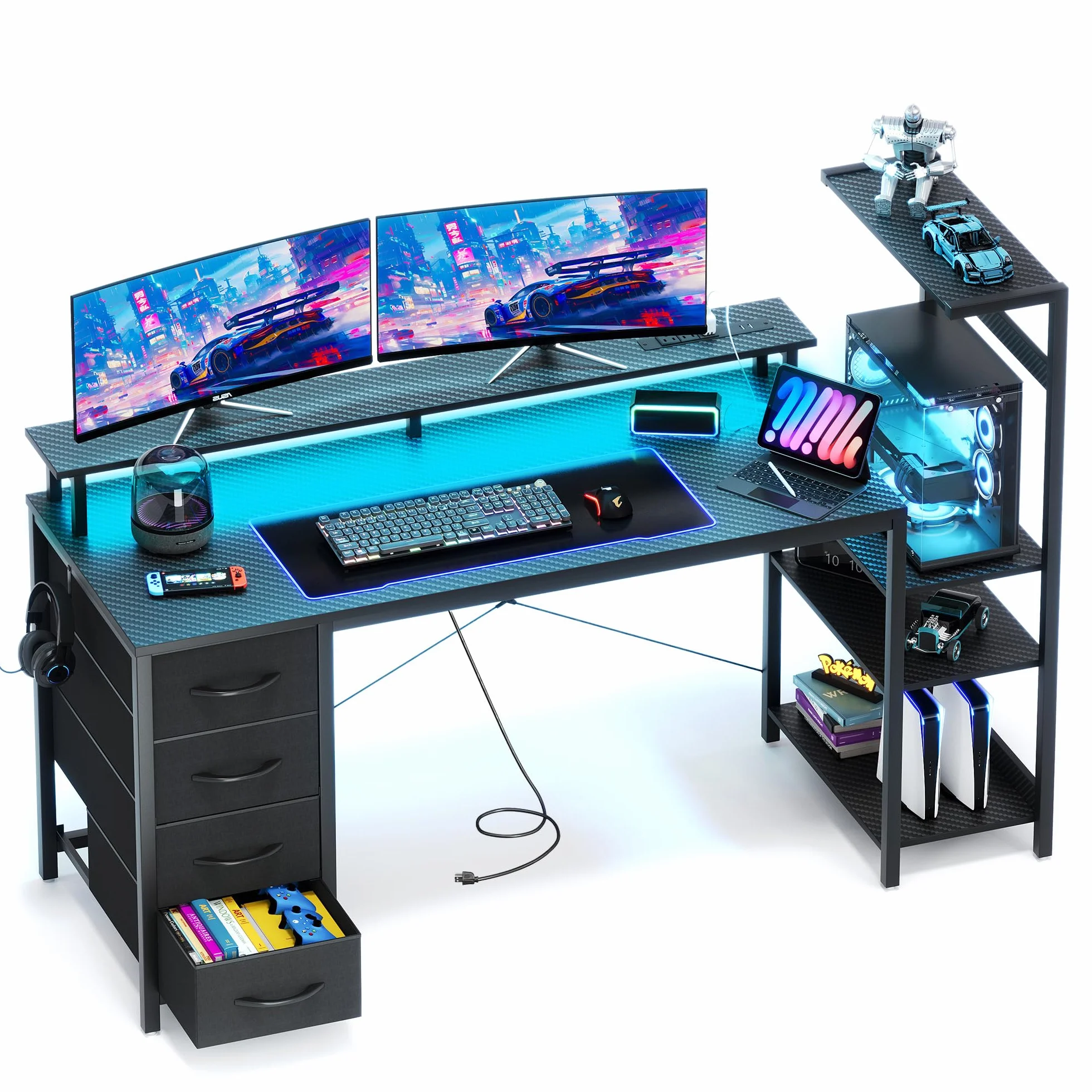 YOUDENOVA Escritorio para juegos con 4 cajones de tela, 150 x 48 cm, doble cara, con LED y enchufe, escritorio de oficina con soporte de monitor, conexión USB, mesa para oficina en casa y jugadores