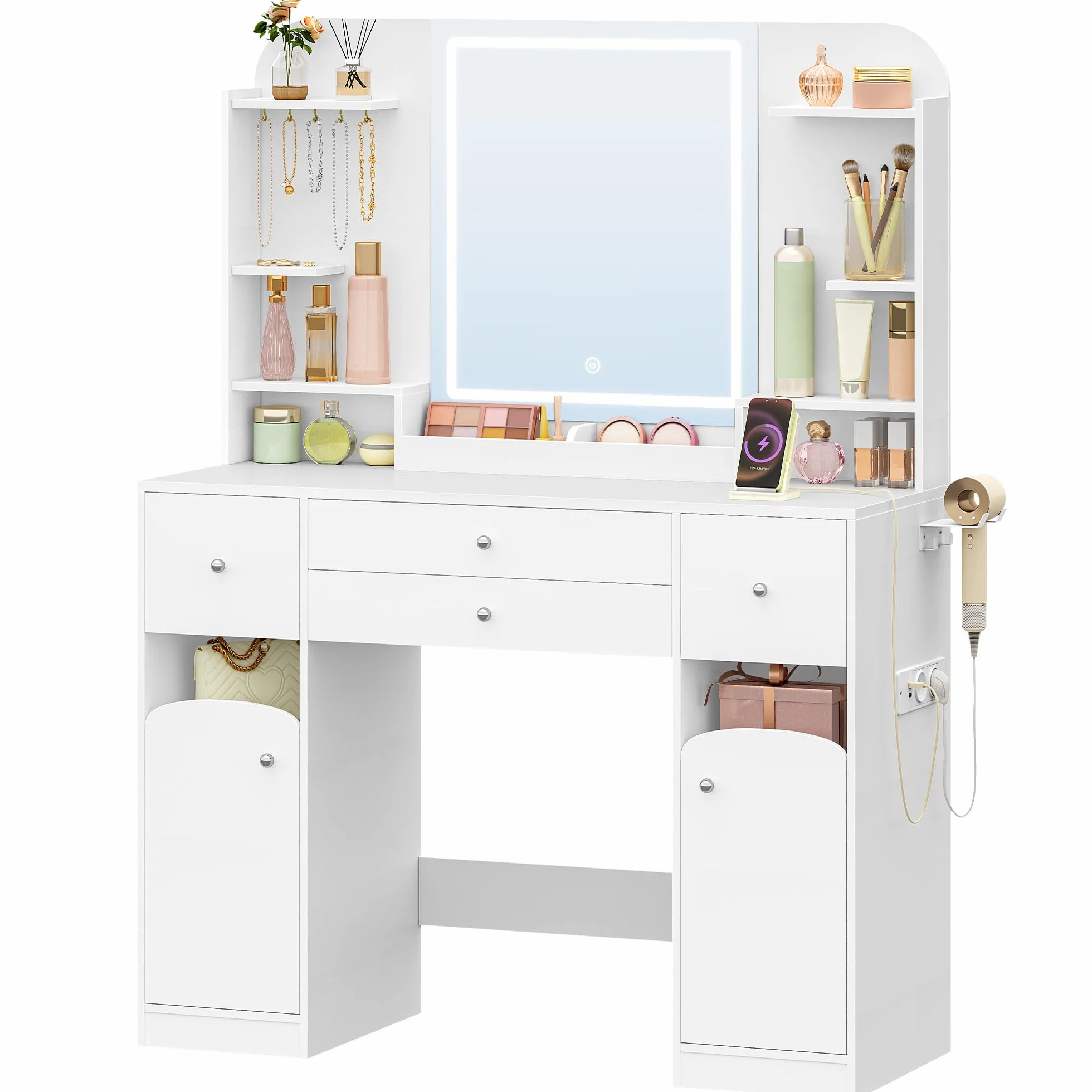 Hzuaneri Tocador con LED, Tocador de Maquillaje con Enchufe y Soporte para Secador de Pelo,108 cm Tablero, con 2 Cajones Grandes con Espacio para Guardar Joyas, 2 Armarios, 40 x 108 x 145 cm Blanco