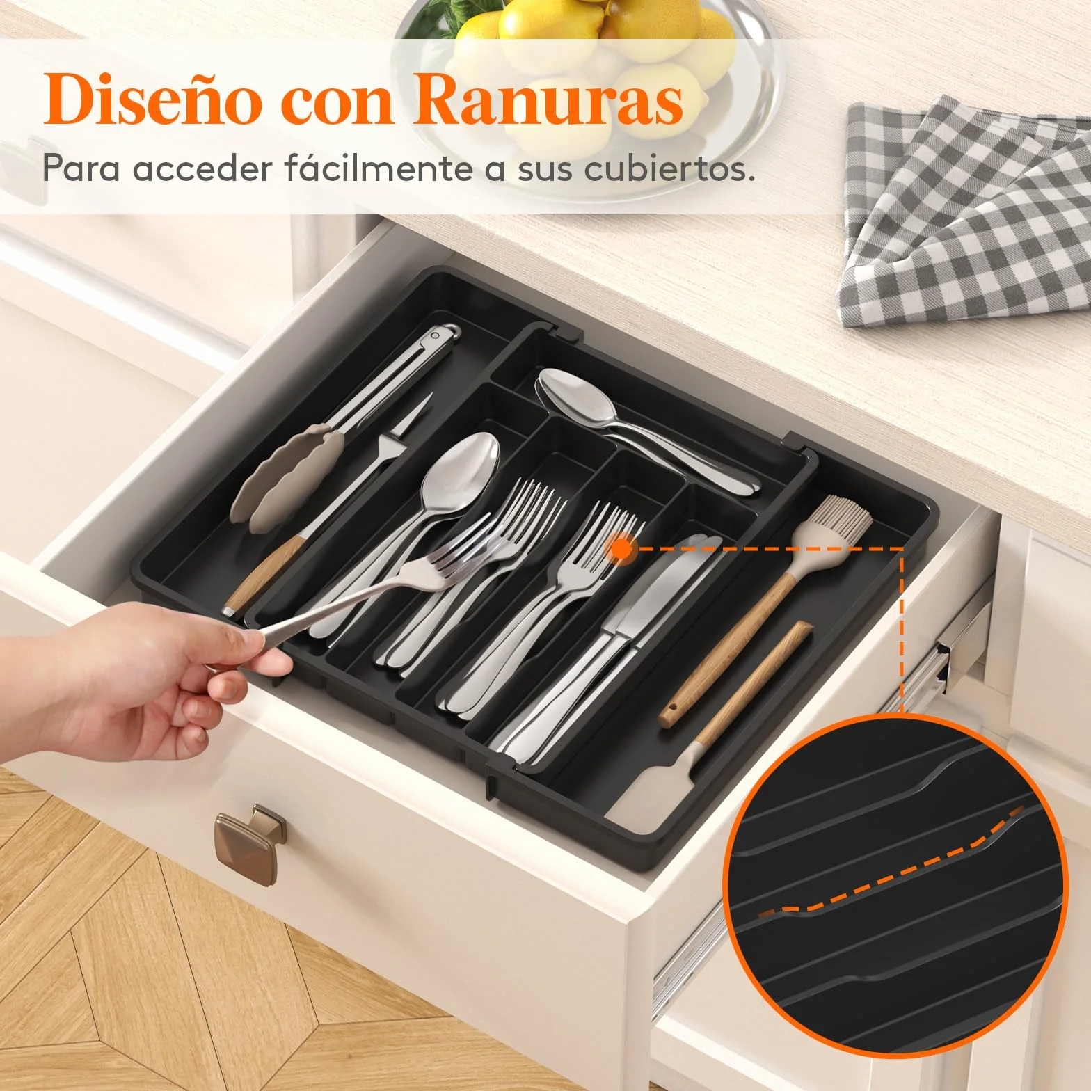 Lifewit Organizador de Cubiertos para Cajón Cocina, Bandeja Extensible 24-41 x 34 cm, Negro