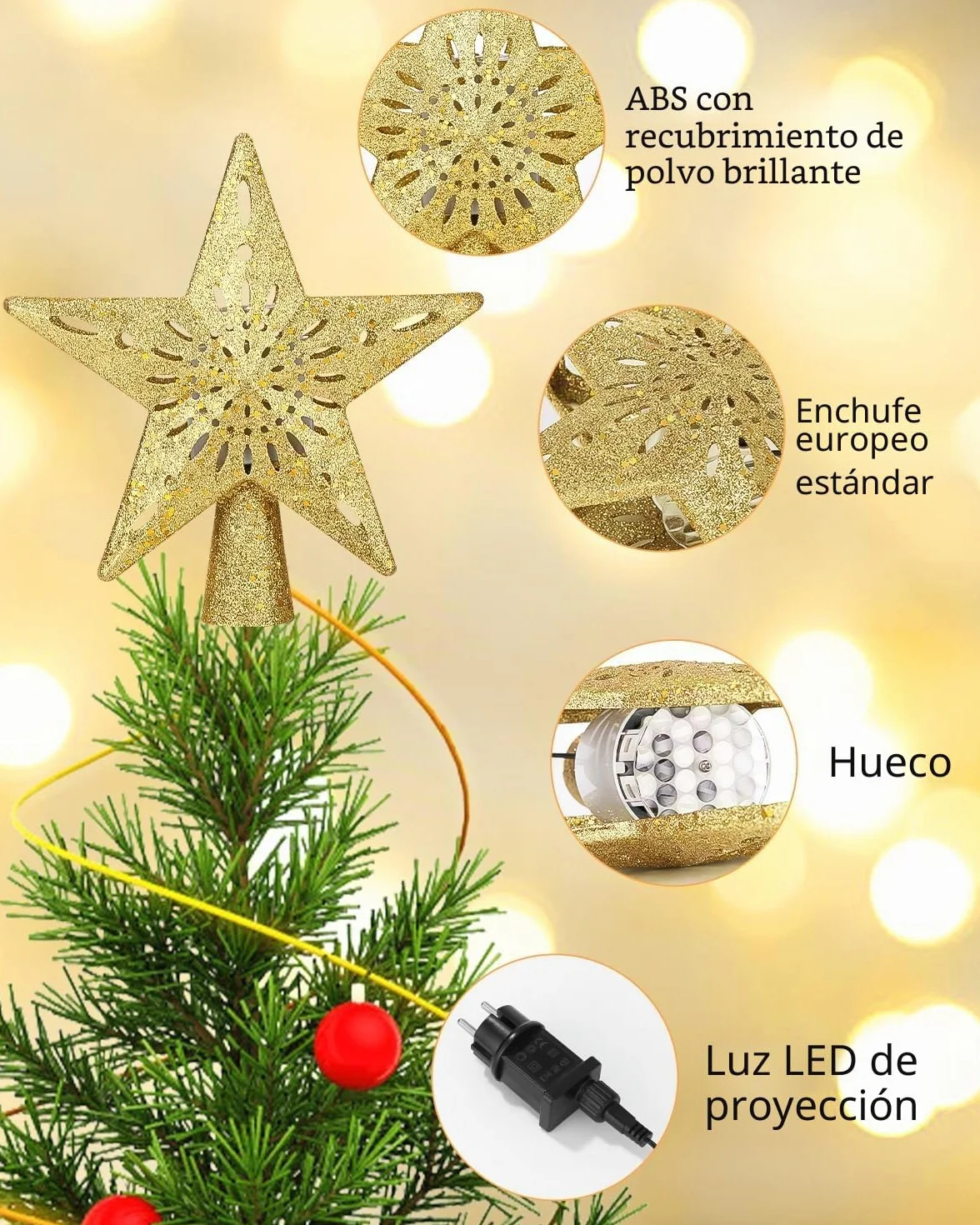 Estrella Proyector LED Topper Árbol Navidad Oro 3D Brillo