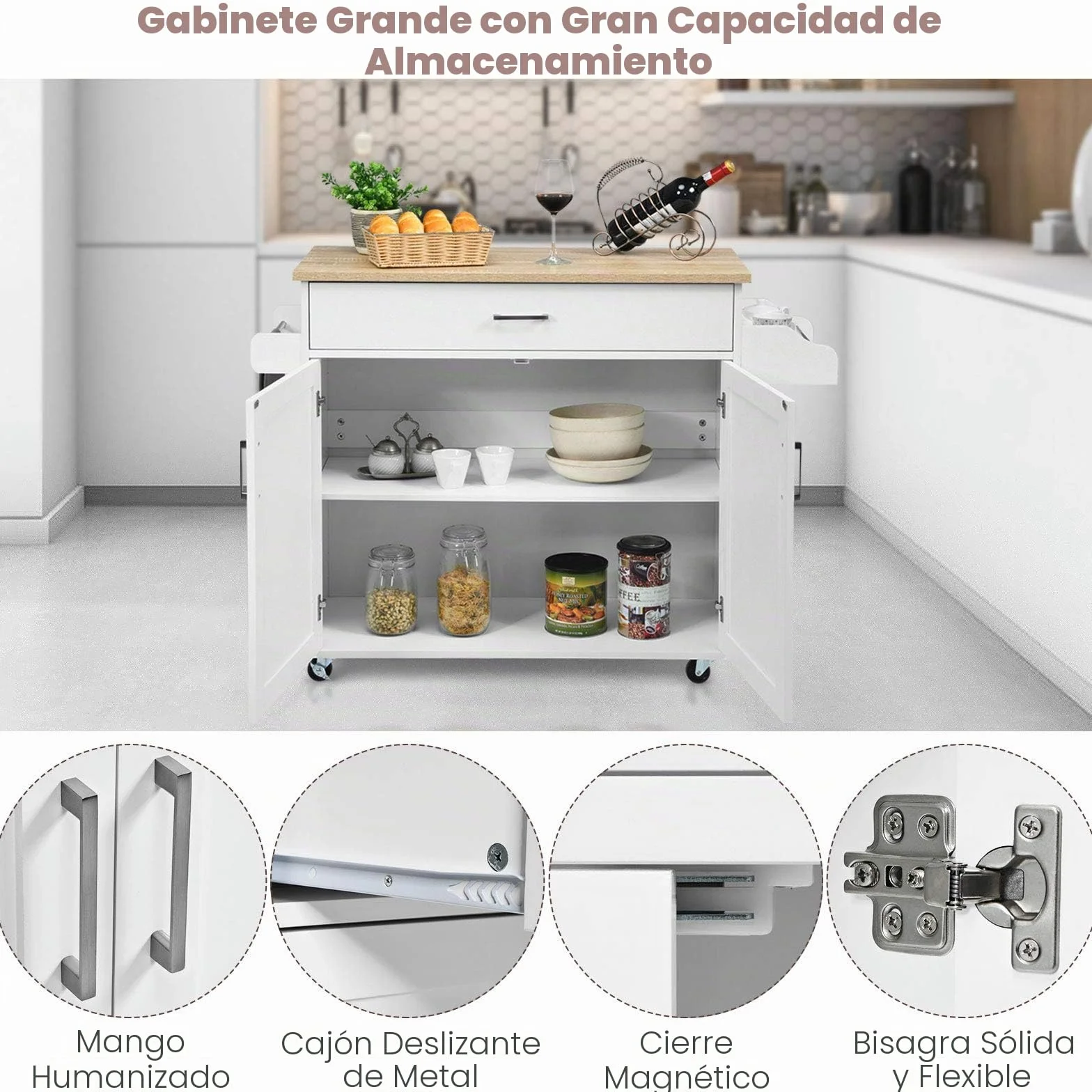GIANTEX Isla de Cocina Móvil con Ruedas, Carro de Cocina con Cajón, Armario, Estante Lateral para Especias y Toallero, Mueble Auxiliar de Almacenamiento para Comedor (Blanco, 116x40x85cm)