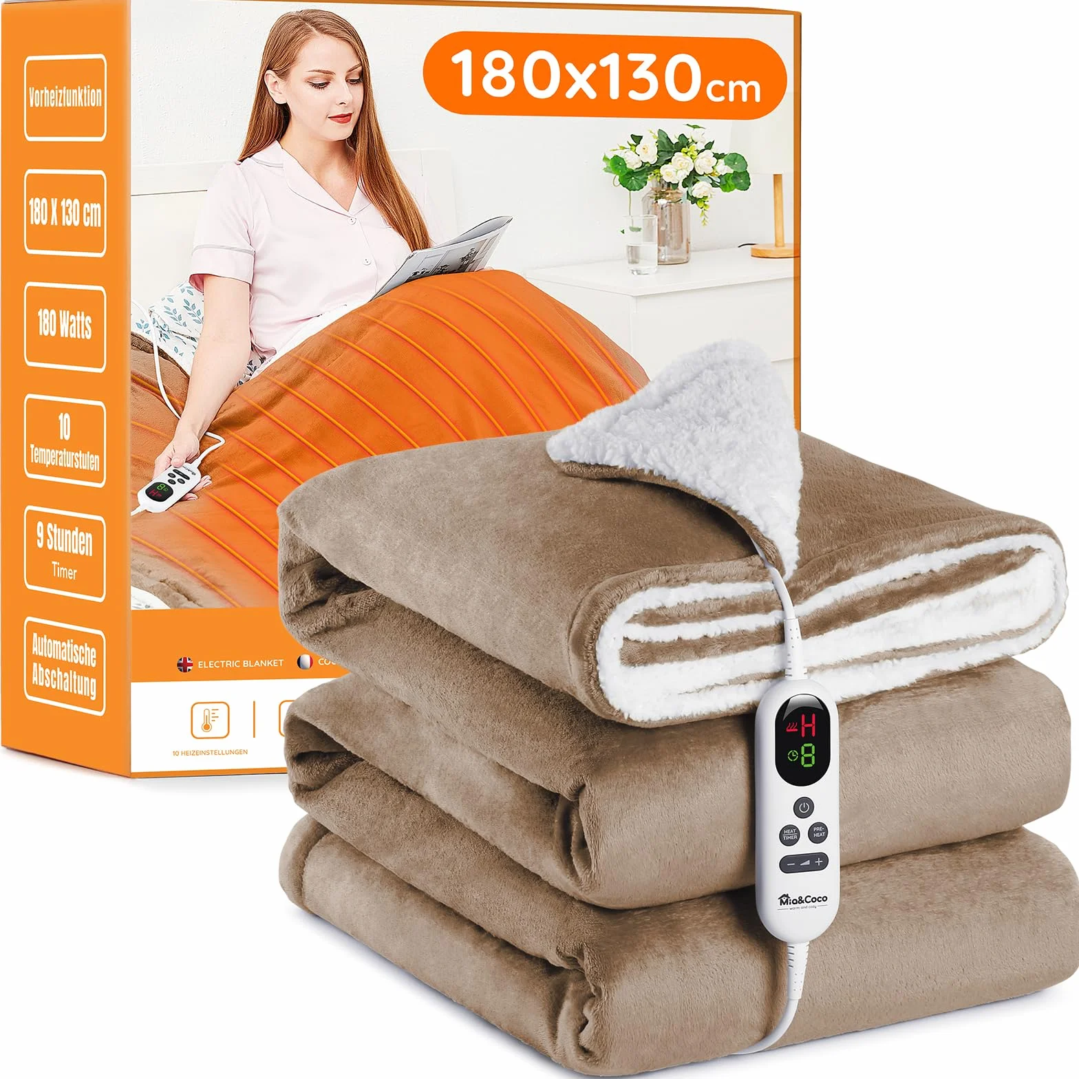 Manta Eléctrica Térmica 130x180cm 10 Niveles Calor Temporizador 1-9H Pantalla LED Caqui
