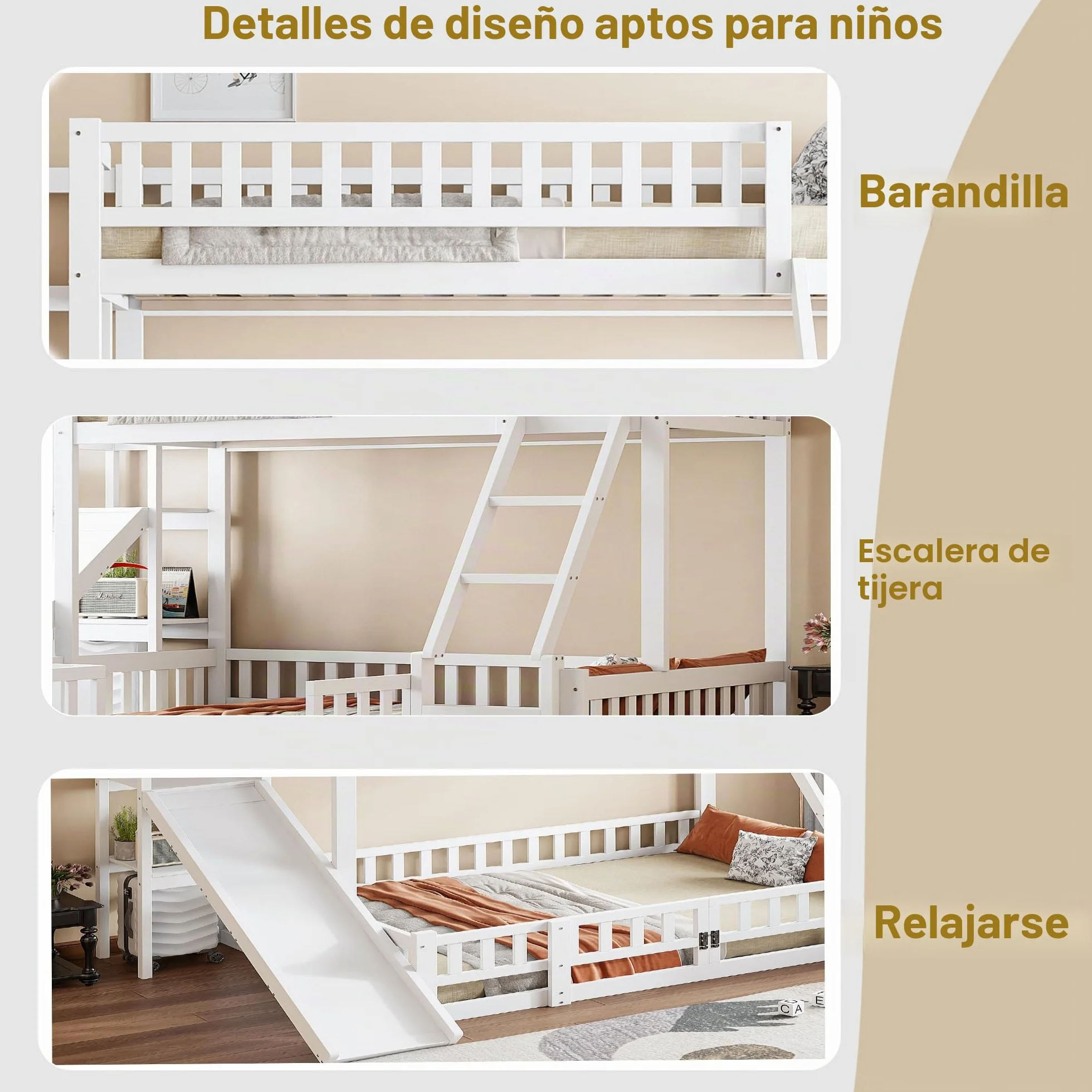 Lubvtti Litera Infantil 90/140 x 200 cm con tobogán,Cama Infantil con estantes y guías de Seguridad,Estructura Cama para niños 90/140x200 con somier de láminas,sin colchón,Blanco