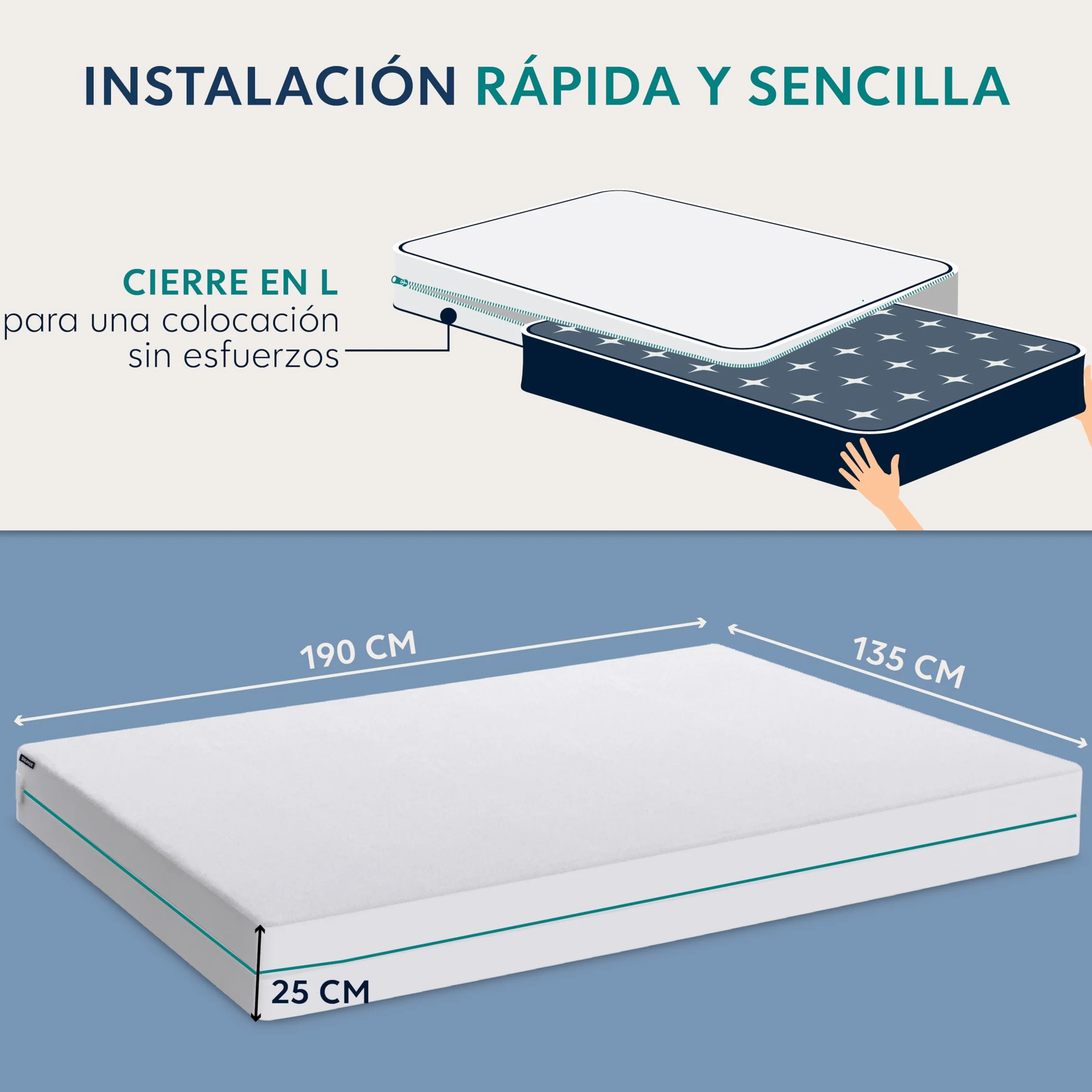 Dreamzie Funda de Colchón con Cremallera 135 x 190 x 25 cm - Protector Colchón Antiácaros 135x190 x 25 cm Antichinches Y Impermeable con Cierre de Cremallera para Alergias, Certificado Oeko-Tex