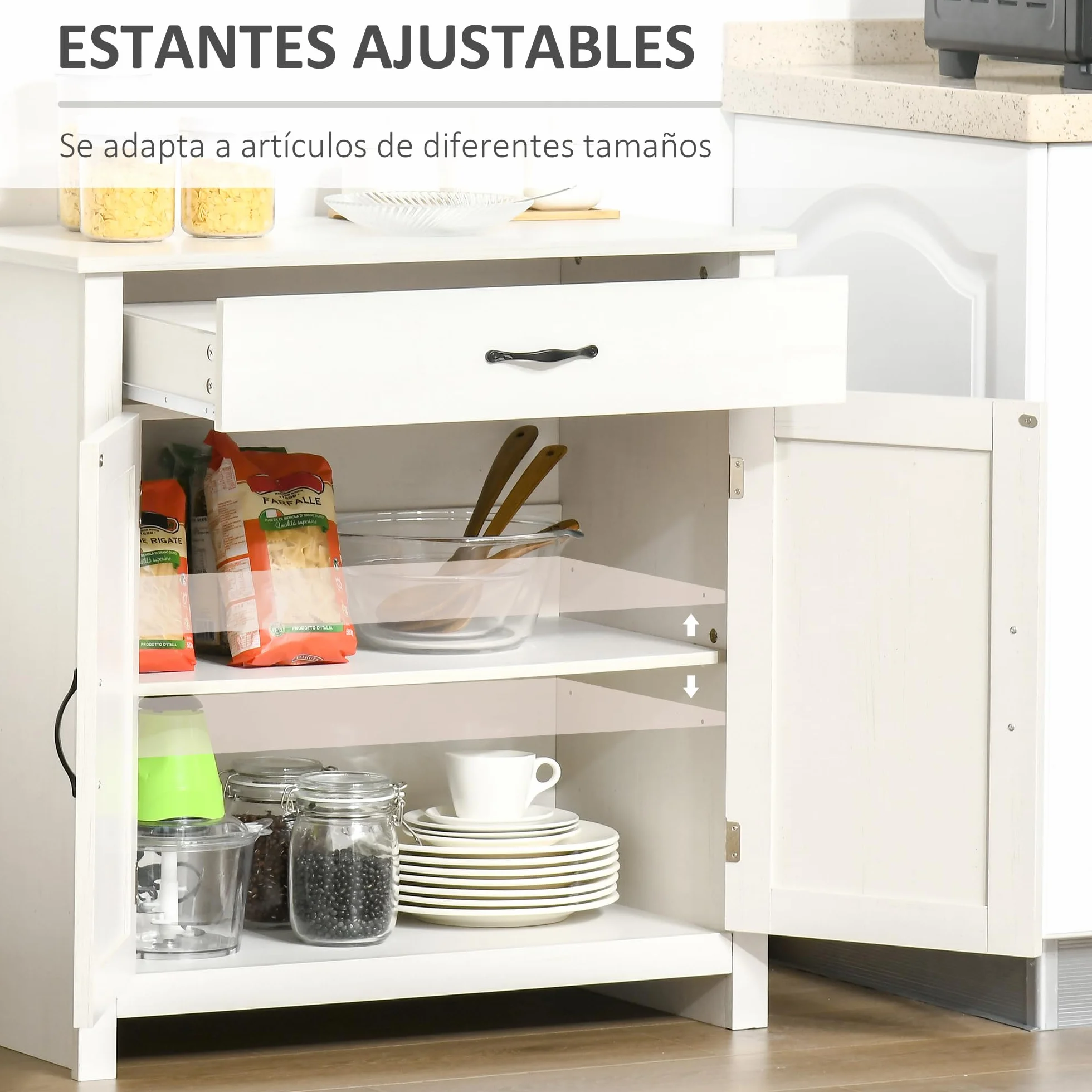 HOMCOM Aparador de Cocina Buffet para Salón con 1 Cajón 2 Puertas y Estante Interior Ajustable Mueble Auxiliar Decorativo para Comedor 80x39,7x80 cm Blanco Lavado