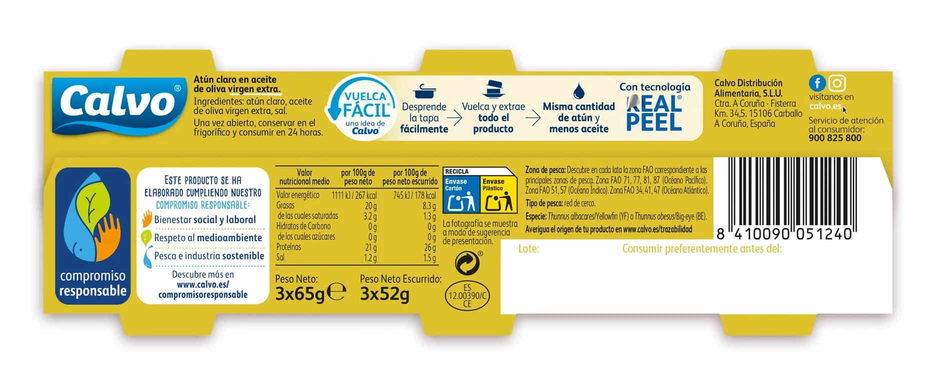 Calvo Atún Claro en Aceite de Oliva Virgen Extra Pack 3 x 65g
