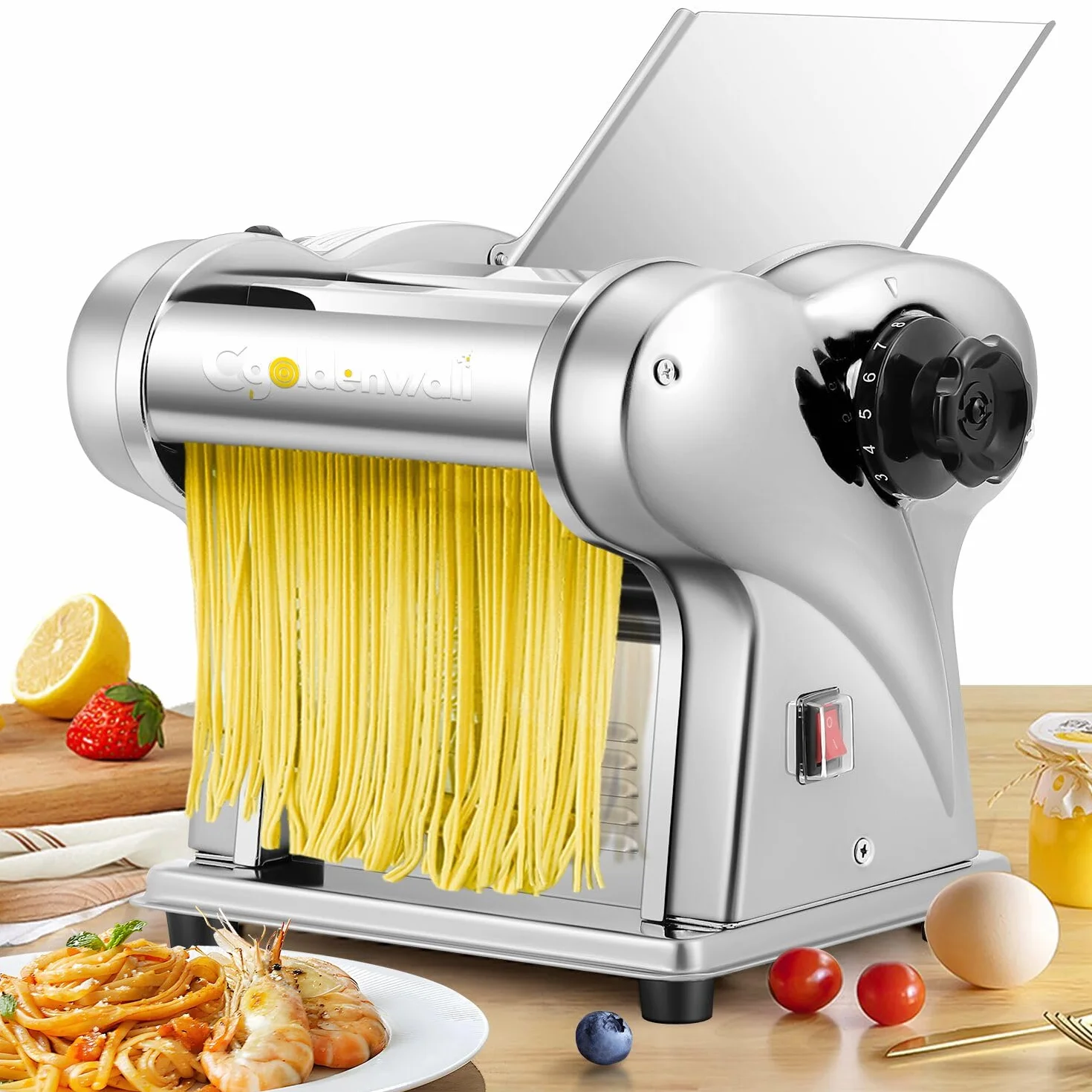 CGOLDENWALL Máquina de Pasta Eléctrica, Motor de 140W con 2 Cuchillas (1.5 mm/4 mm) y 9 Grosores Ajustables de 0.3-3 mm, Acero Inoxidable para Hacer Fideos Fresca Casera