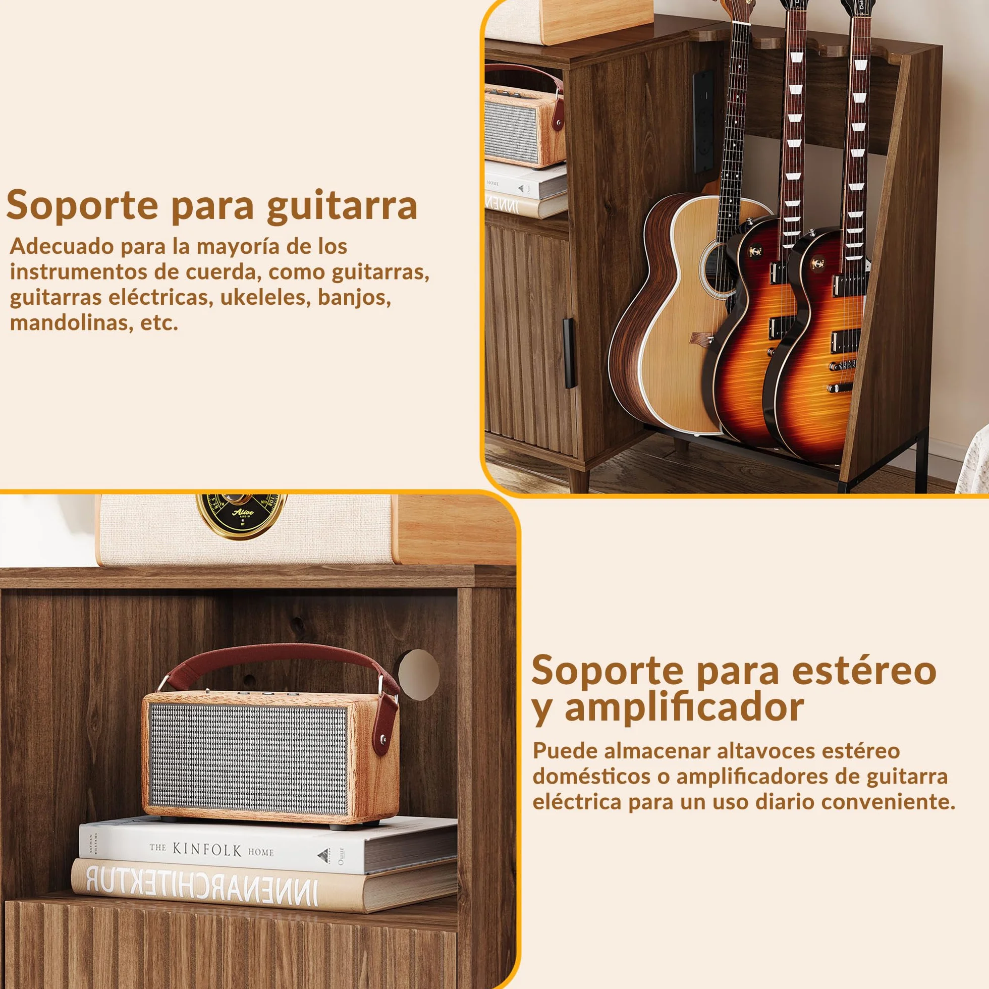 Mueble para Tocadiscos y Vinilos de Madera Vintage Mid-Century con Soporte para 3 Guitarras