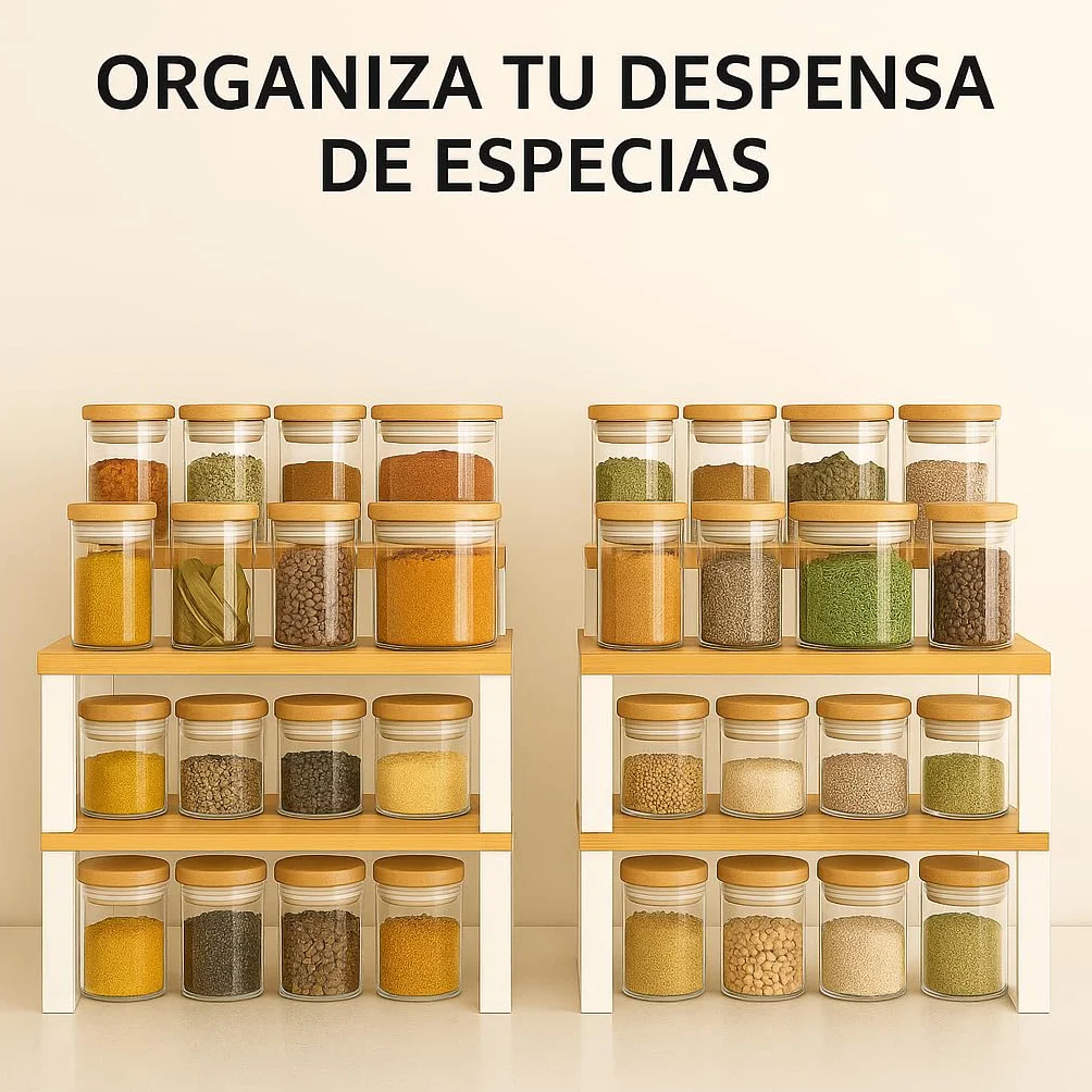 Estante de Cocina Organizador, Juego de 2, Soporte Apilable de Armario y Encimera, Estantería de Almacenamiento de Metal y Madera Técnica, Blanco