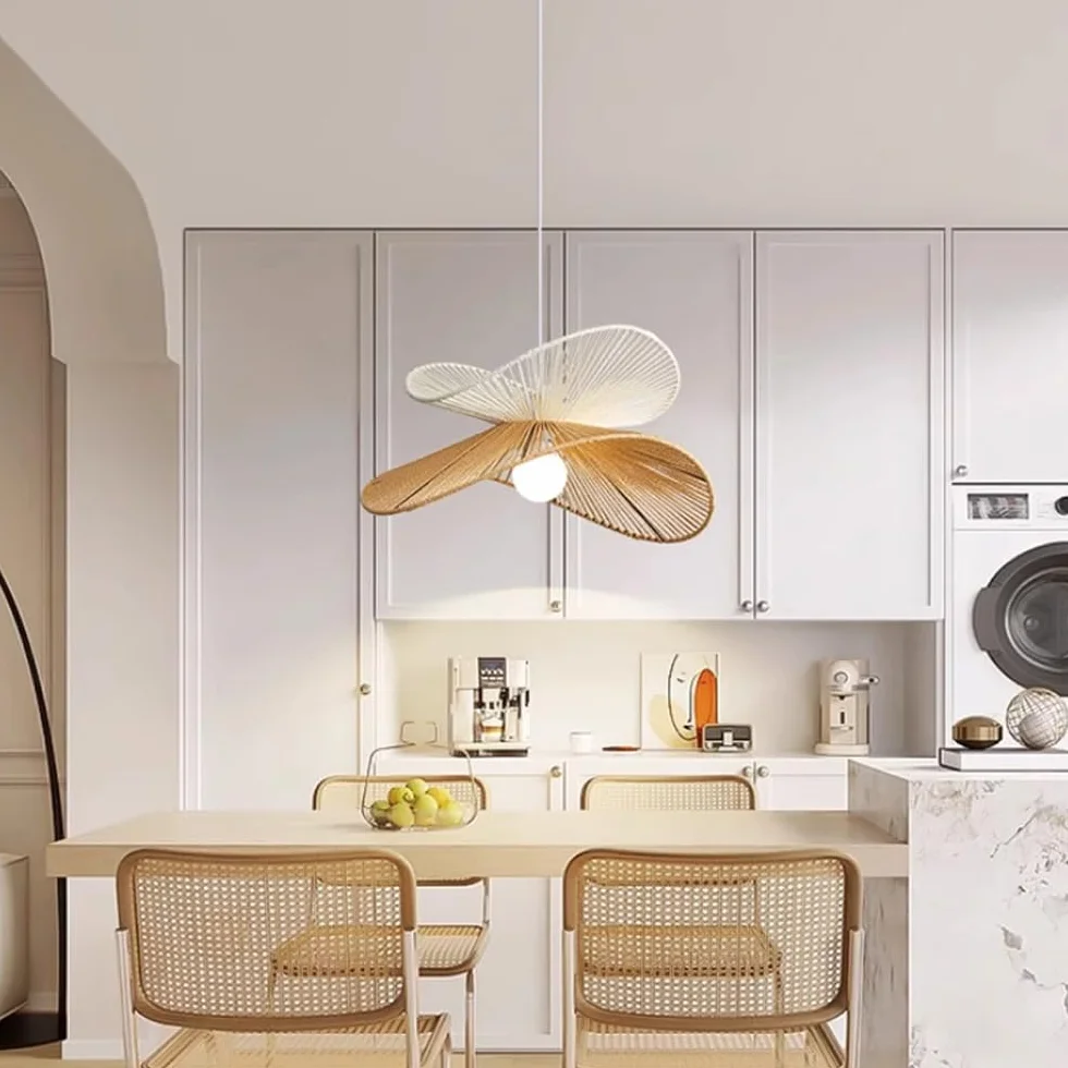 Lámpara colgante de cuerda de cáñamo de ratán costero bohemio, iluminación colgante tejida moderna, lámpara colgante de techo de mediados de siglo marrón y blanco para comedor, cocina, isla, d