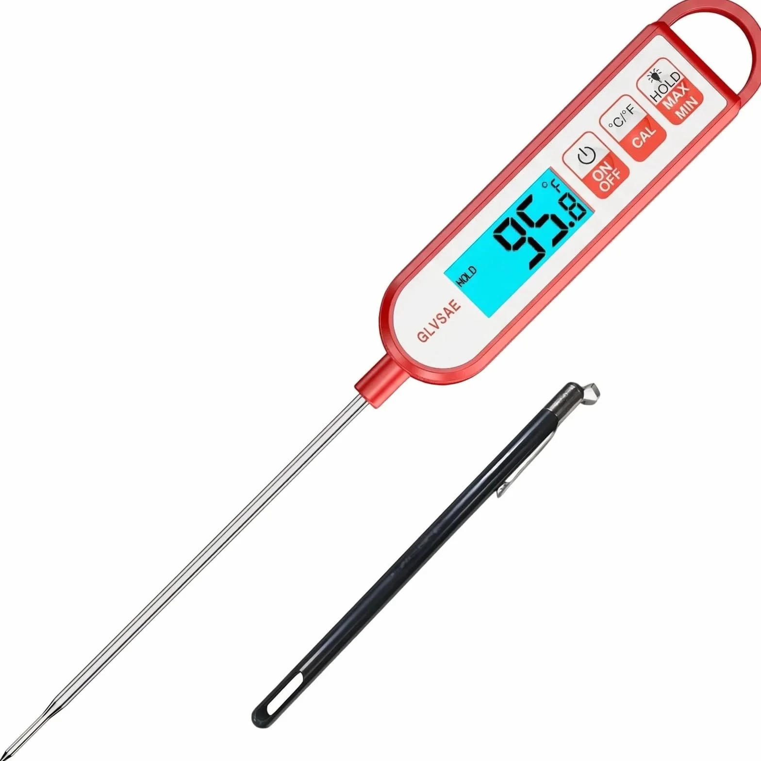GLVSAE - Termómetro digital de lectura instantánea impermeable para alimentos con sonda de 5.1 pulgadas de largo para cocinar alimentos, dulces, barbacoa, líquidos y medición de temperatura de carne
