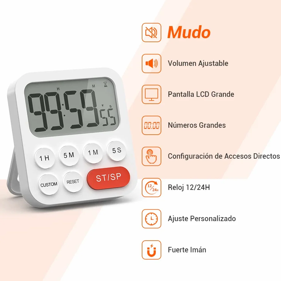 LIORQUE Temporizador de Cocina Digital Multifunción con Reloj, Ajuste Rápido, 3 Niveles de Volumen, Respaldo Magnético, Soporte Plegable