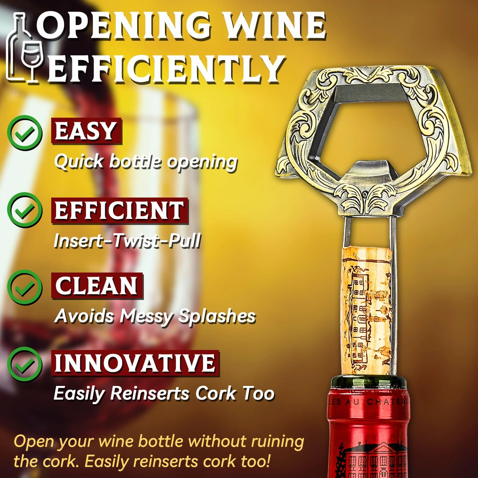 Abridor de Vino Ah So para Botellas Antiguas, Abrebotellas de Antiguo 3 en 1, Extractor Corcho Dos Puntas con Corkscrew de Cerveza, Sacacorchos de Amigos Camareros, Regalos para Hombres (Cobre)