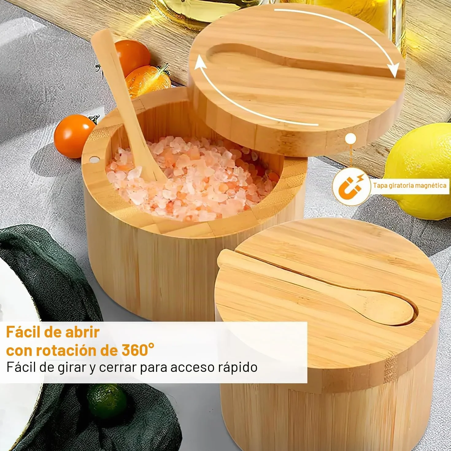 2 Salero para Cocina Bambú, Wood Salt Cellar Bowl Box, Recipiente para Sal de Cocina, Wooden Salt Box, con Tapa Giratoria & Cuchara, para Sal, Especias (9 x 9 x 7 cm)