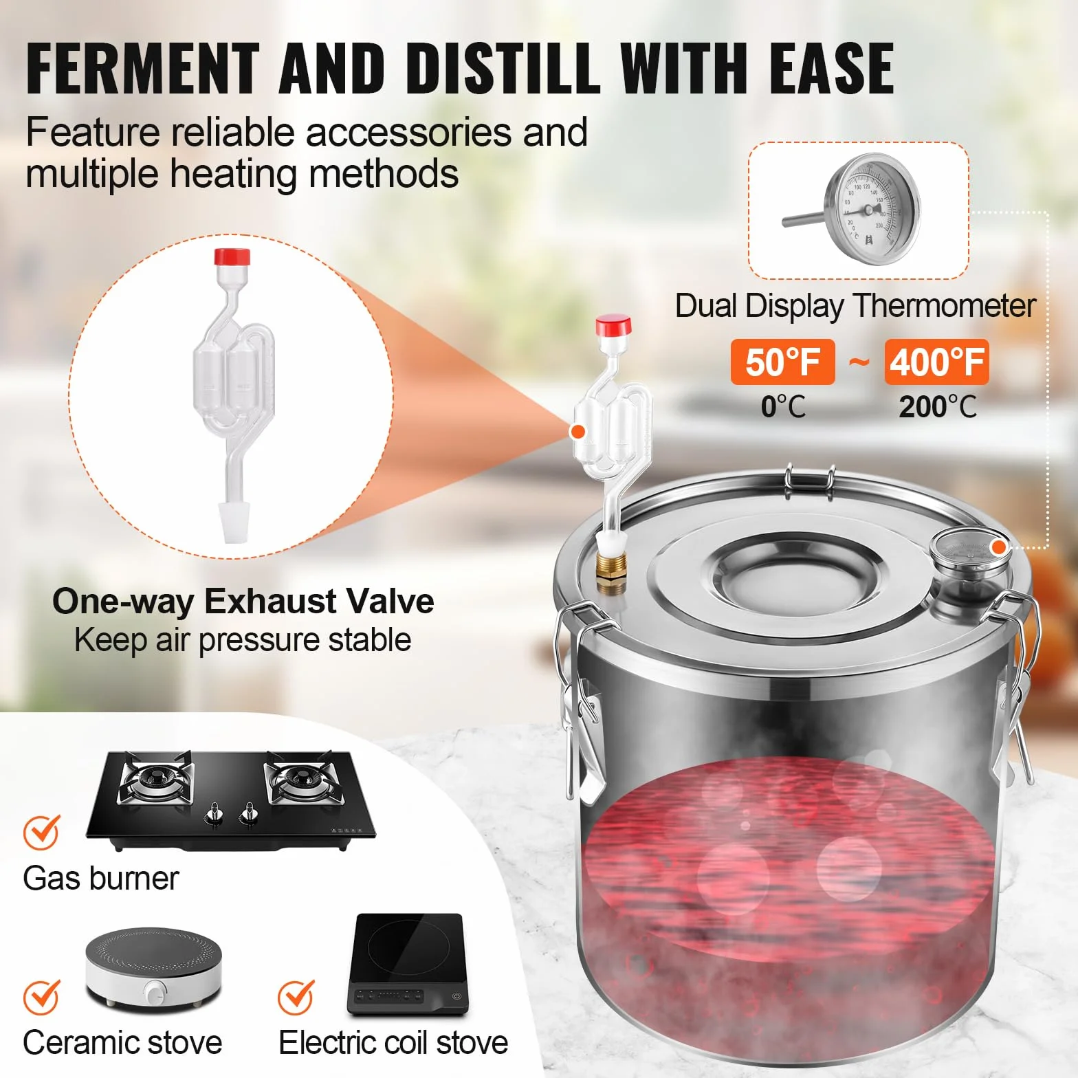 VEVOR Destilador de Alcohol de Acero Inoxidable de 50 L con Bobina de Cobre, Doble Condensador