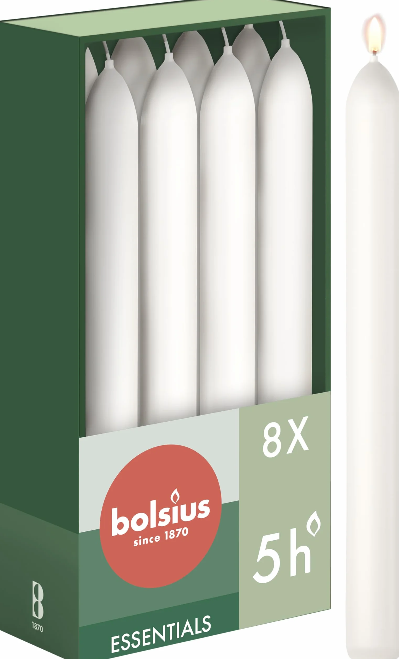 Bolsius Velas cónicas de cena blanco paquete 8 unidades 17 x 2 cm larga duración 5 horas sin perfume cera vegana natural sin goteo