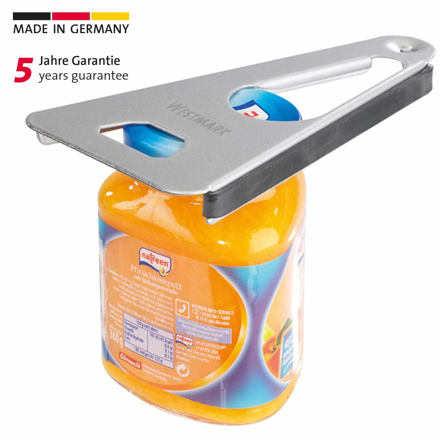 Westmark Abridor multiusos con borde de goma, Abrebotellas/latas, 17 cm, Acero/Goma, Plateado