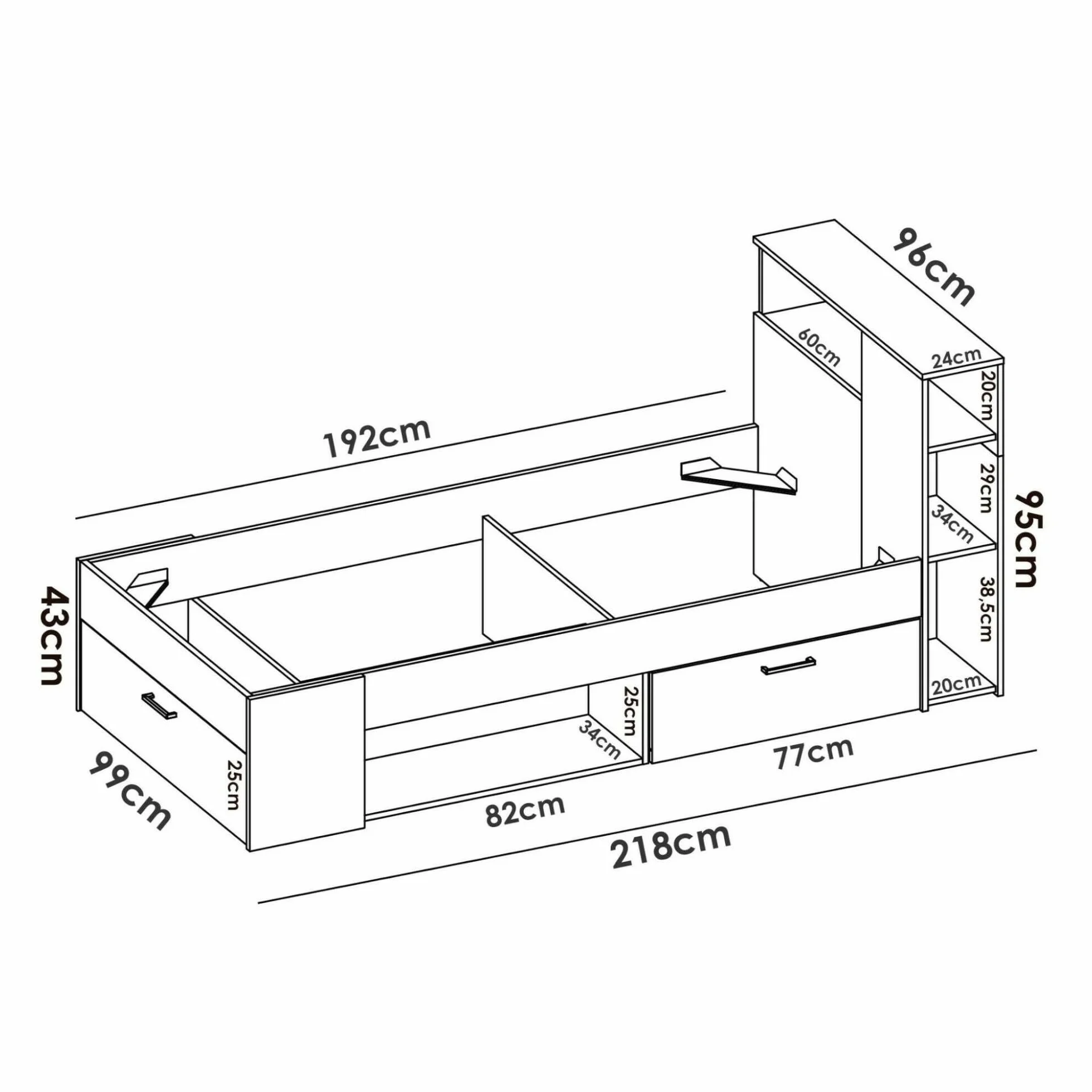 DEKIT GRUPO RIMOBEL Lanka, Cama Compacta de 90 x 190 con Cajones, Blanco, 96 x 99 x 218 cm