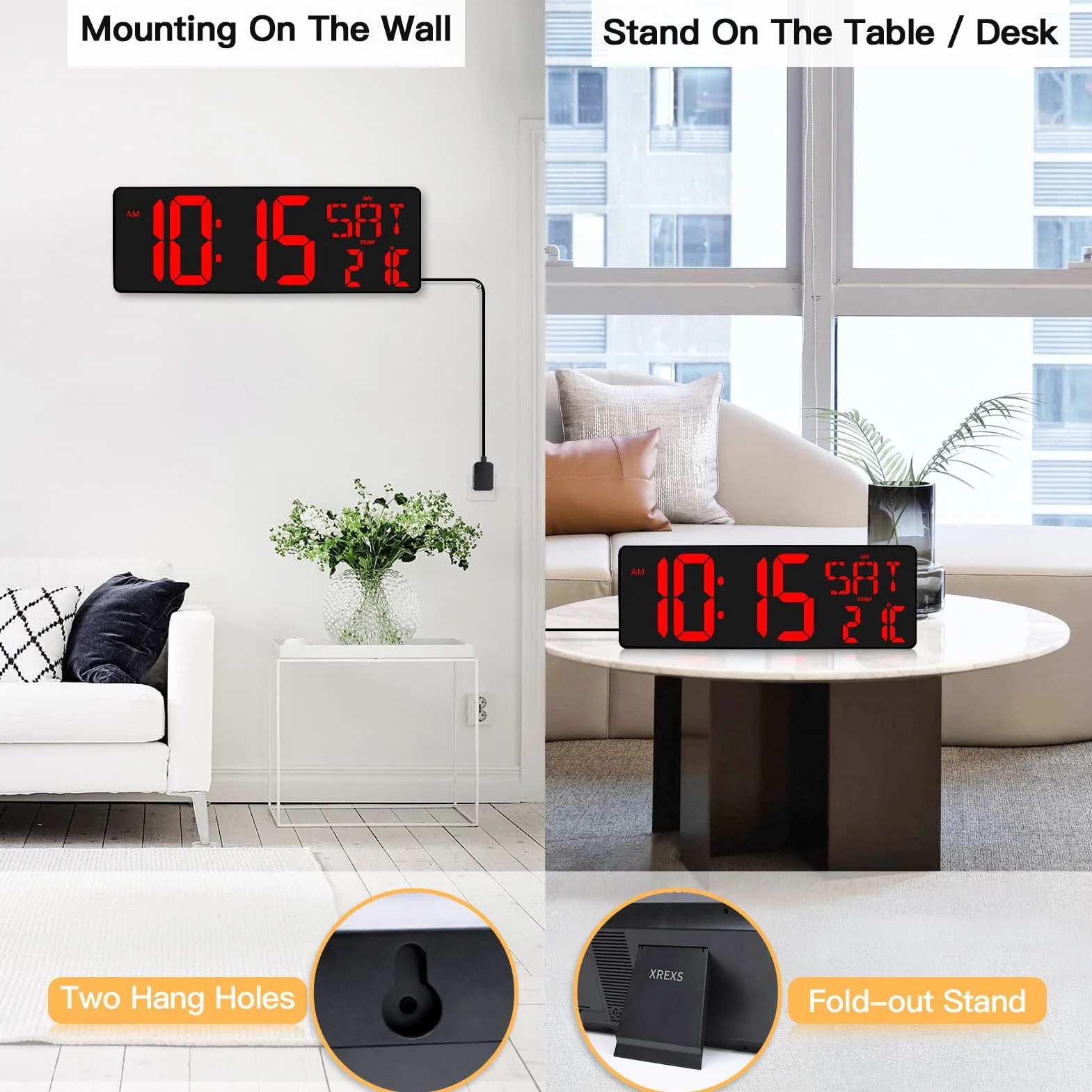 XREXS Reloj de Pared Digital con Control Remoto, 16,5'' Reloj Digital LED Pared Grande, Reloj Despertador Digital con Brillo Ajustable, Reloj Pared Digital con Hora/Fecha/Temperatura (Rojo)