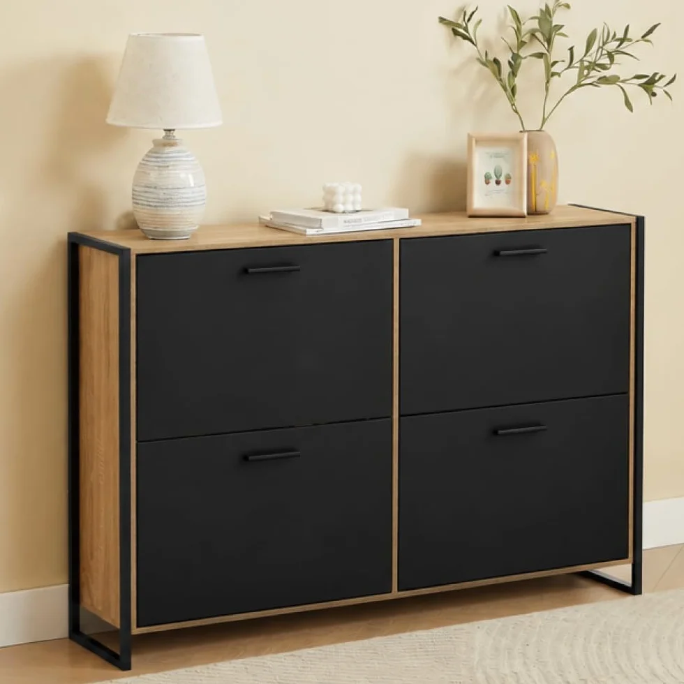 CASABEL Zapatero 4 Abatibles, Mueble Zapatero Entrada Negro & Madera, Diseño Moderno, Gran Capacidad 24 Pares, Mueble de Almacenaje para Pasillo, Entrada, Salón, L114xF24xH83 cm