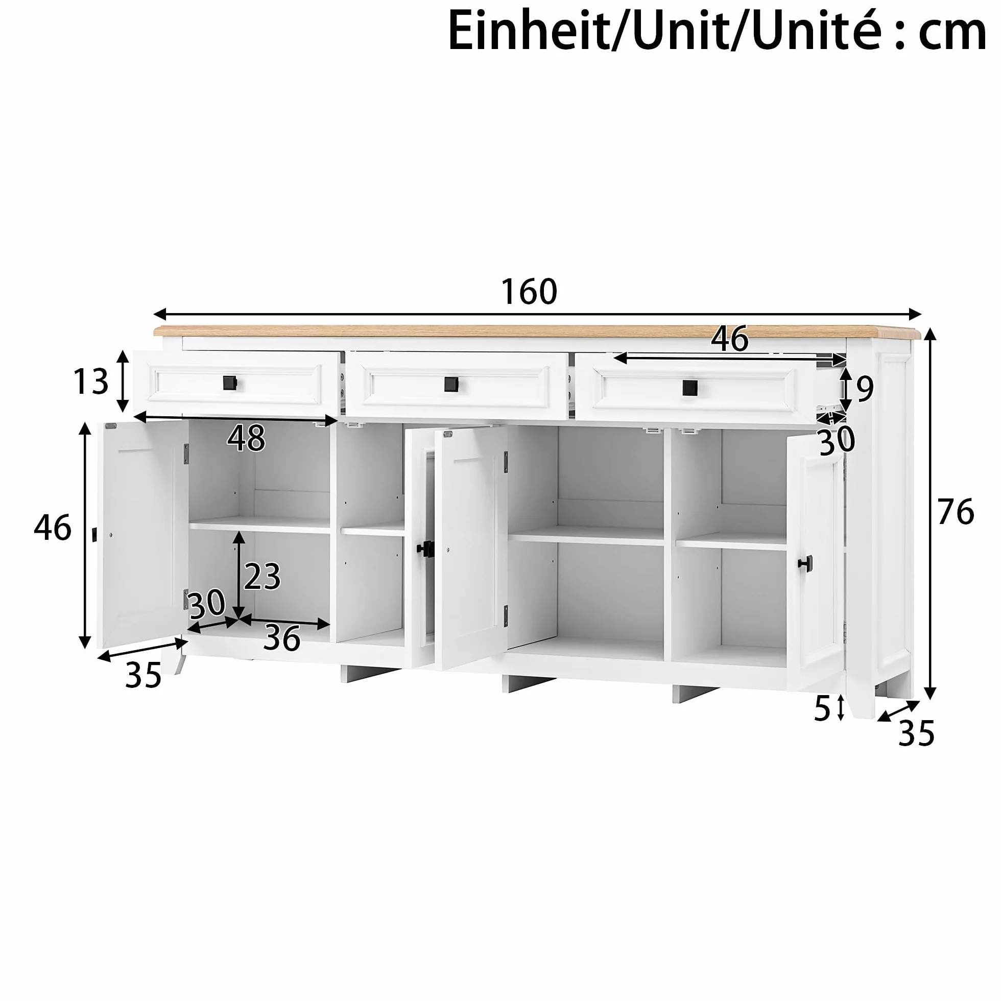 Aparador Cocina, Aparador para Salon con Separadores Ajustables, Buffet Comedor con 3 Cajones y 4 Puertas, Modern Mueble Auxiliar Cocina de Entrada para Dormitorio y Salón, 160x35x76cm (Blanco)
