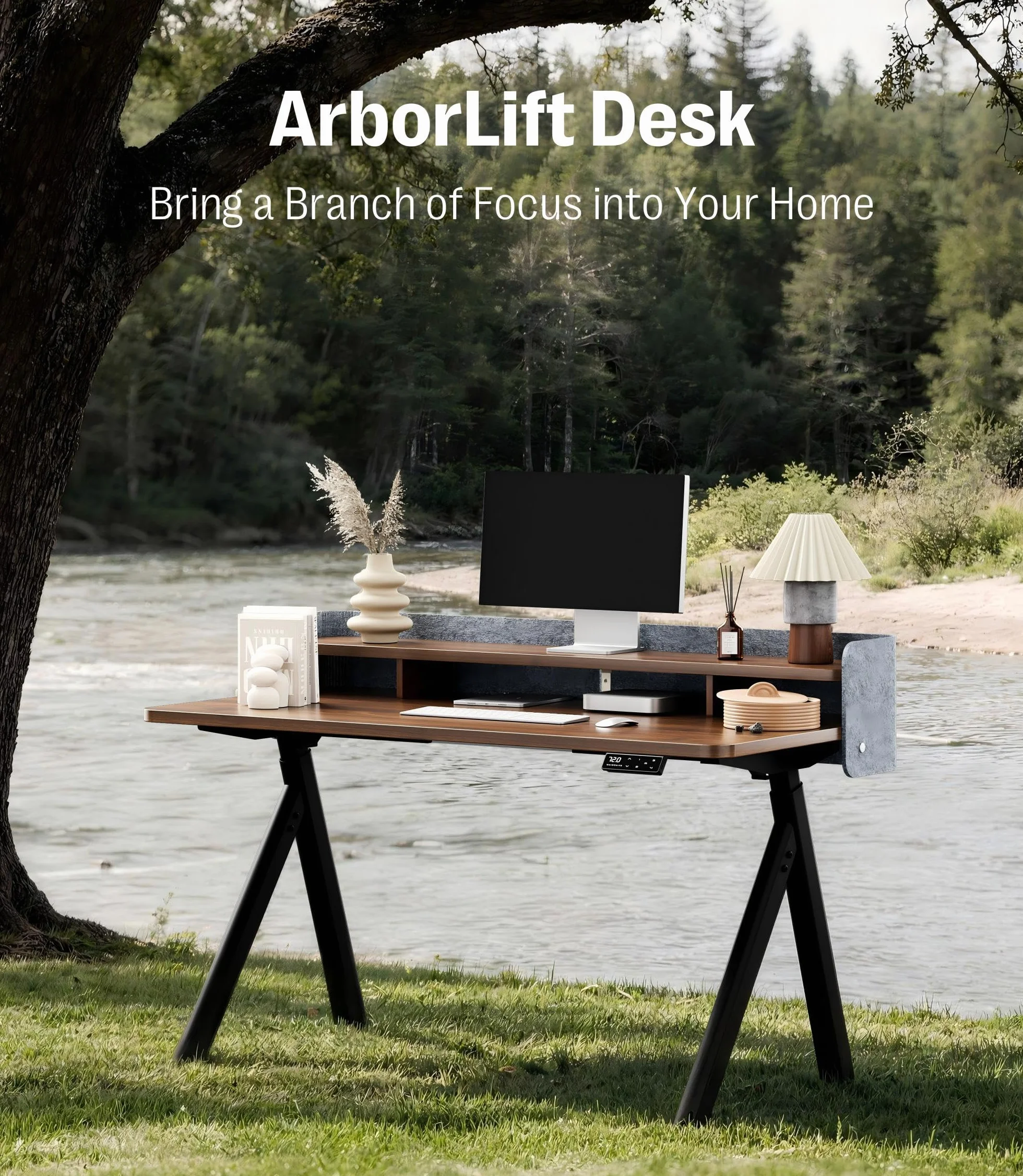 MAIDeSITe Mesa Escritorio Elevable 140x70cm, Estable Eléctrica Elevable Escritorio con Patas Ovaladas Ramificadas, Soporte para Monitor y Pantalla de Fieltro Privada, Mesa para Oficina Hogar