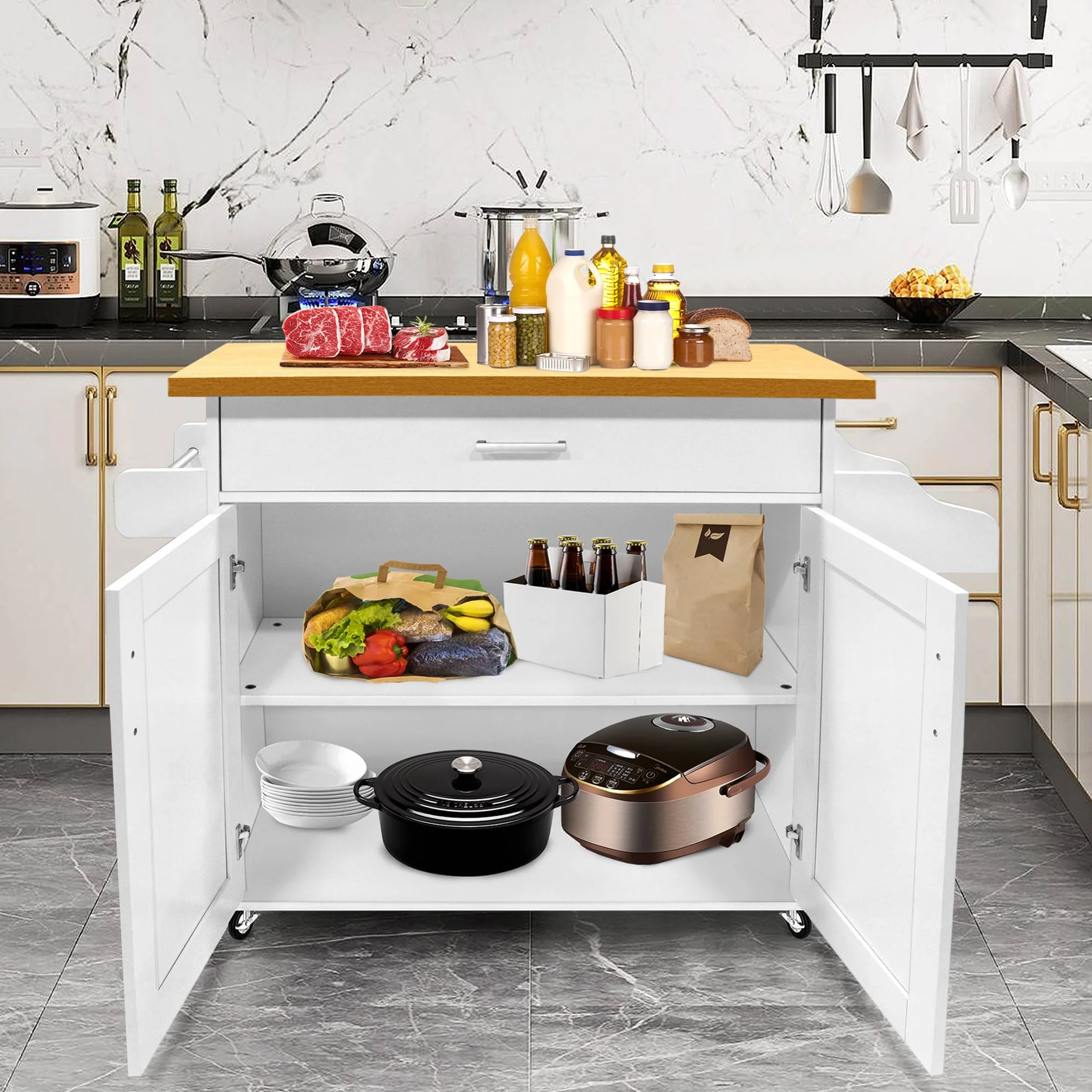 UISEBRT Carro de cocina con encimera, isla de cocina de madera, armario de cocina con ruedas, carrito de servicio con cajón y estante, carrito de cocina en estilo rústico, color blanco