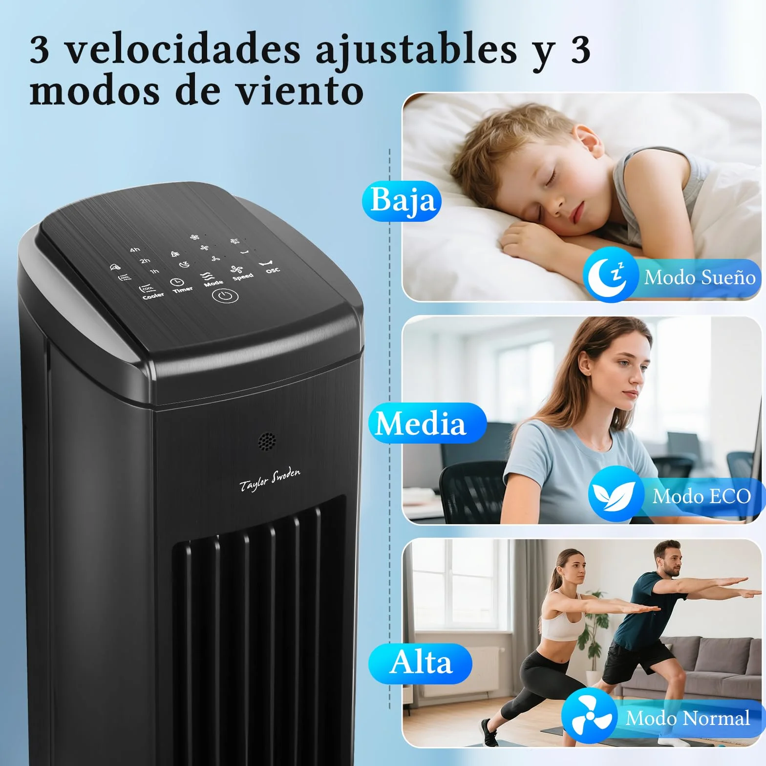 Taylor Swoden Climatizador Evaporativo Silencioso 5 en 1 con Tecnología ION y Difusor de Aromas, Enfriador de Aire, 5L, Oscilación 75°, 3 Velocidades/Modos, Temporizador 7h, Mando a Distancia, Negro