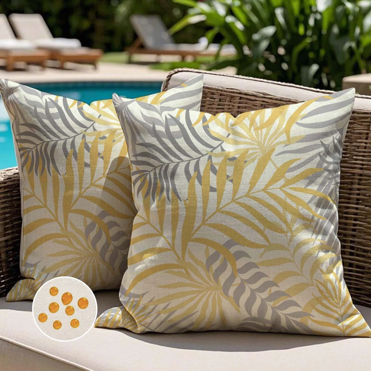 Fundas de Cojín para Exterior Impermeables 40x40 cm Juego de 2 Amarillo Gris Hojas Tropicales