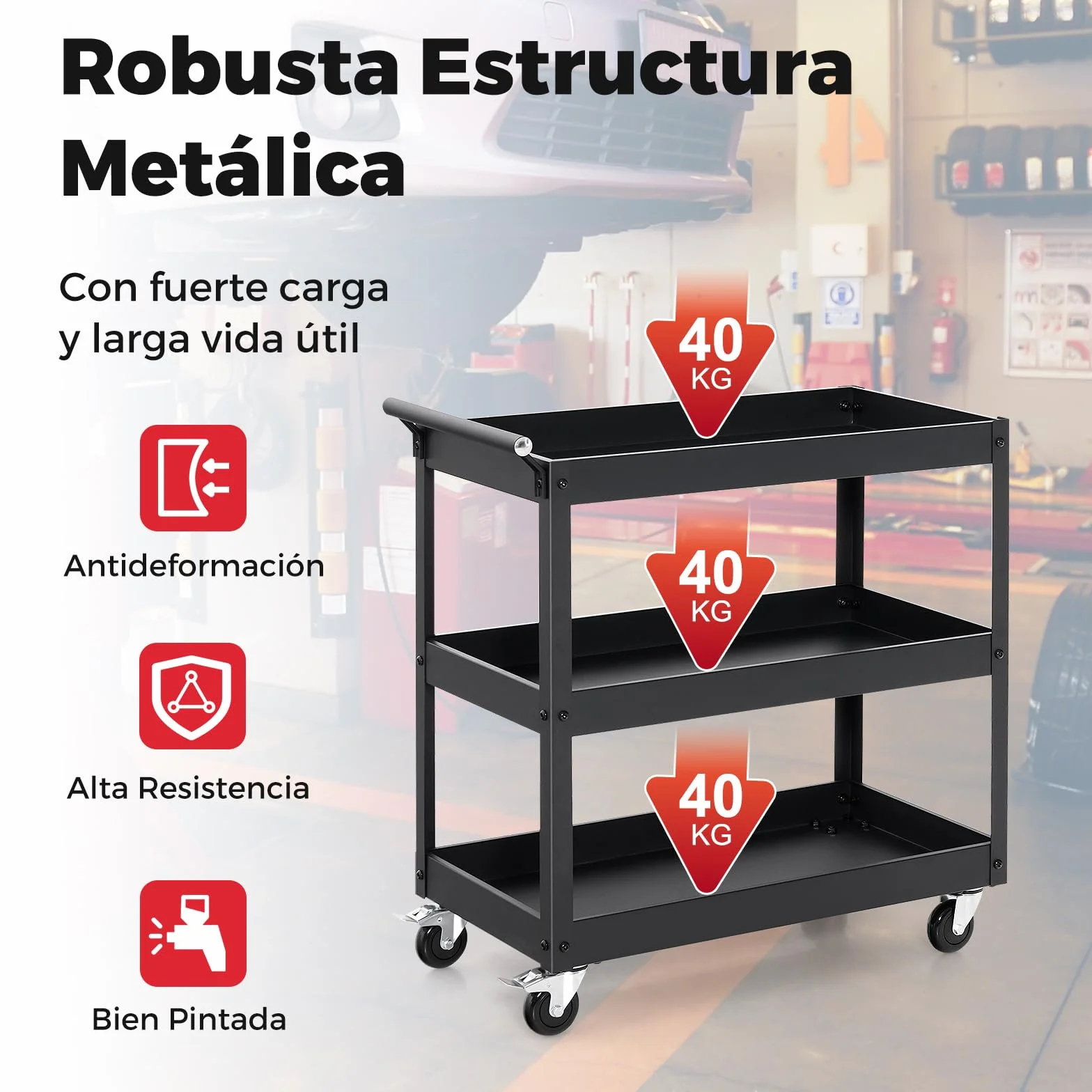 GOPLUS Carrito de Utilidad de 3 Niveles, Carro de Herramientas Organizador con 4 Ruedas Universales y Mango Lateral Toallero, Carrito de Servicio Rodante para Garaje, Baño, Almacén, Negro (Negro)
