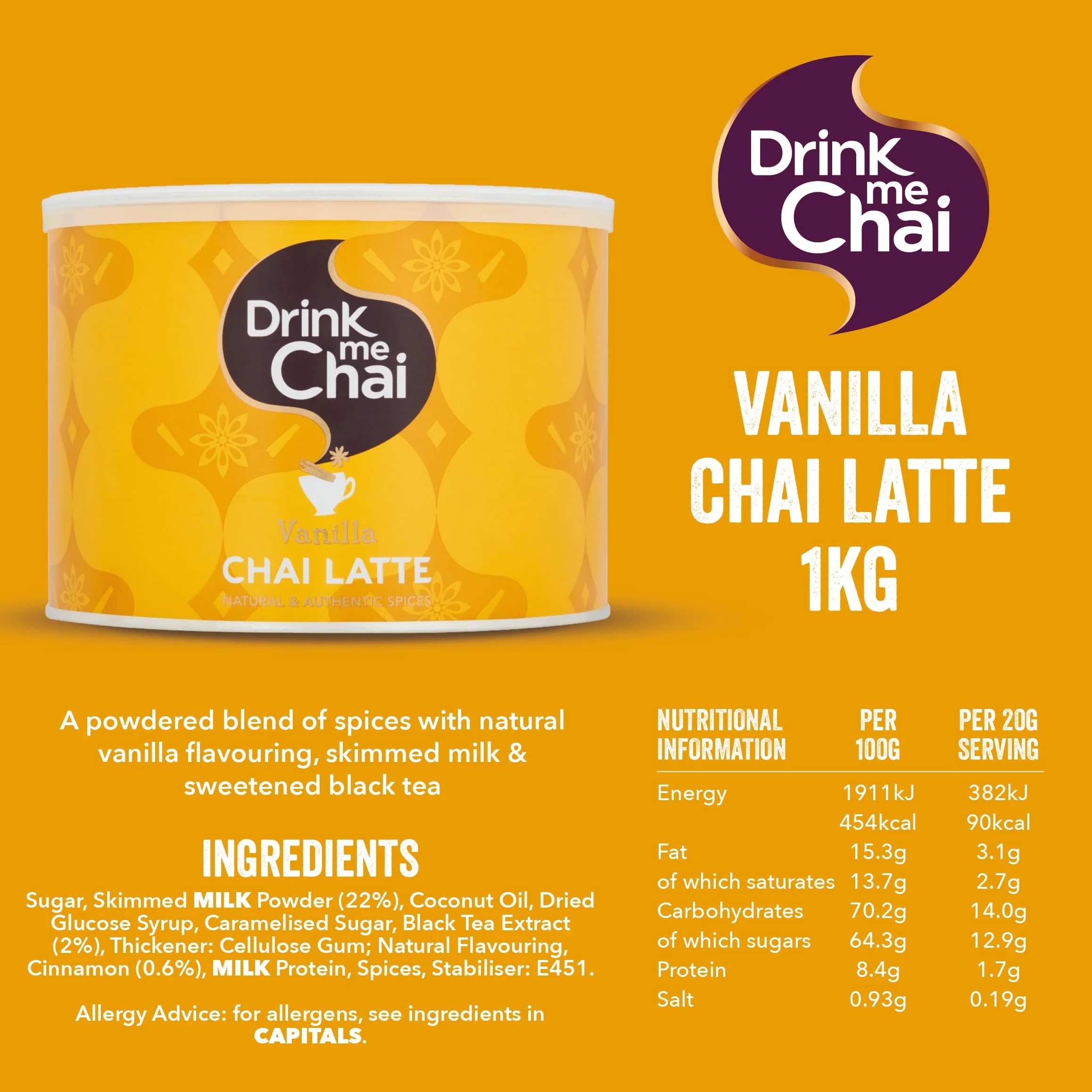 Drink Me Chai Té Chai Latte de Vainilla 1 kg Paquete de 1 50 Porciones