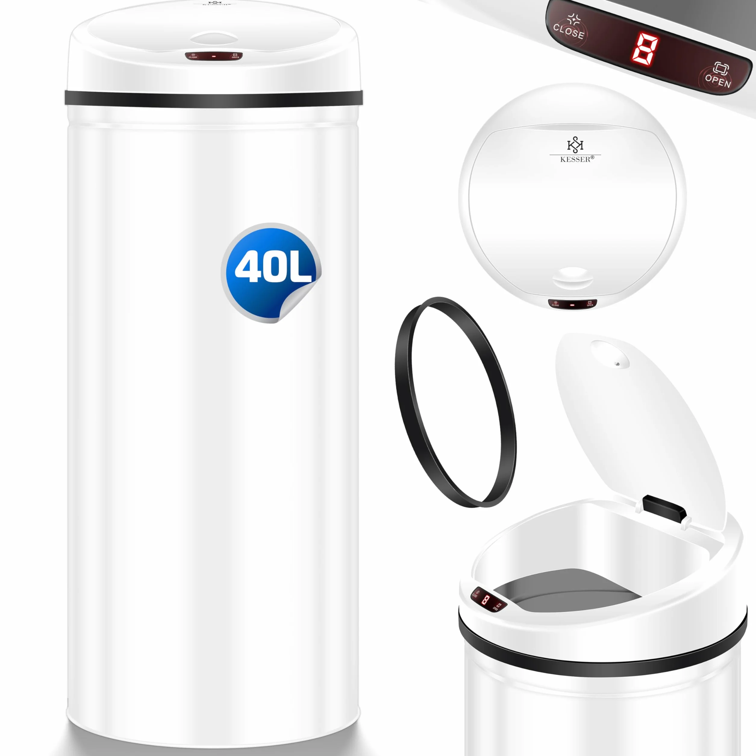 KESSER Cubo de basura automático con sensor de 40 litros – Cubo de basura eléctrico de acero inoxidable, apertura sin contacto, bajo nivel de ruido para cocina, baño, oficina, color blanco con soporte