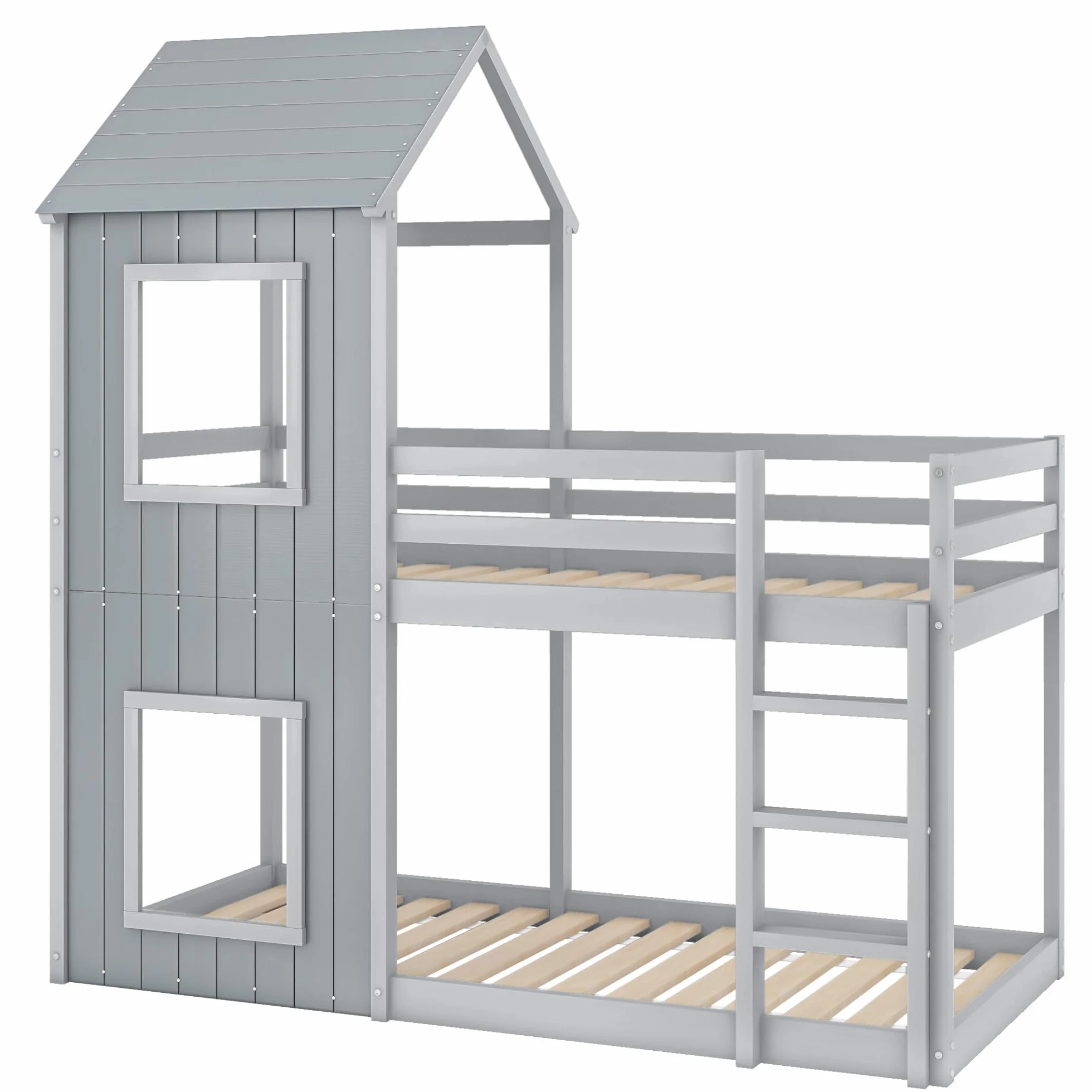 Idemon 90 x 200 cm litera, cuna, cama de casa para niñas y niños, con escalera y dosel, profundidad del suelo, madera maciza (gris)
