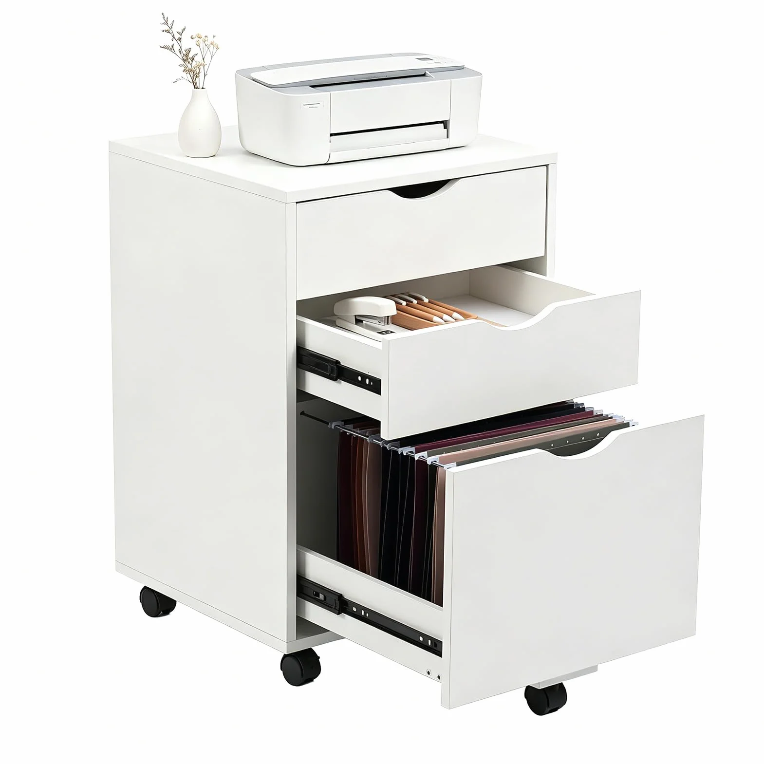 HollyHOME Armario de 3 cajones de madera con ruedas para colgar documentos, color blanco