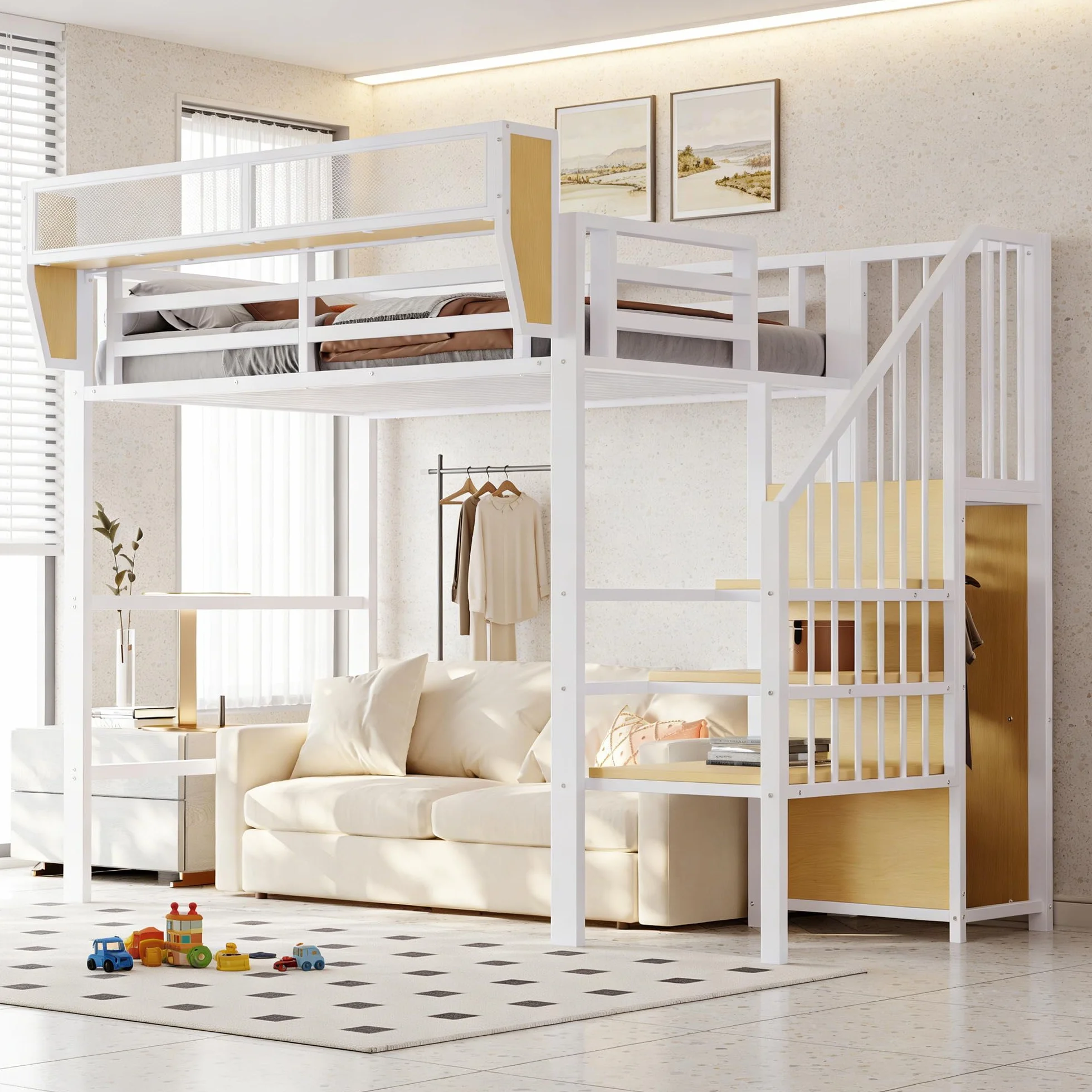 Cama alta de 140 x 200 cm con estructura de metal, cama de matrimonio de 140 x 200 cm con escalera de seguridad y compartimento contenedor flexible, cama para niños, sin colchón, color blanco
