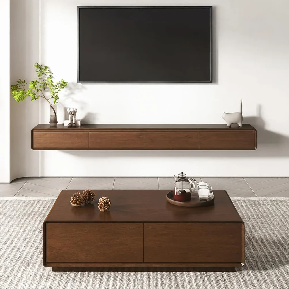 Mueble de TV de Madera Maciza,160–240CM Mueble de TV Flotante, Mueble Bajo de Pared para TV, Adecuado para el Salón y el Dormitorio Marrón160cm