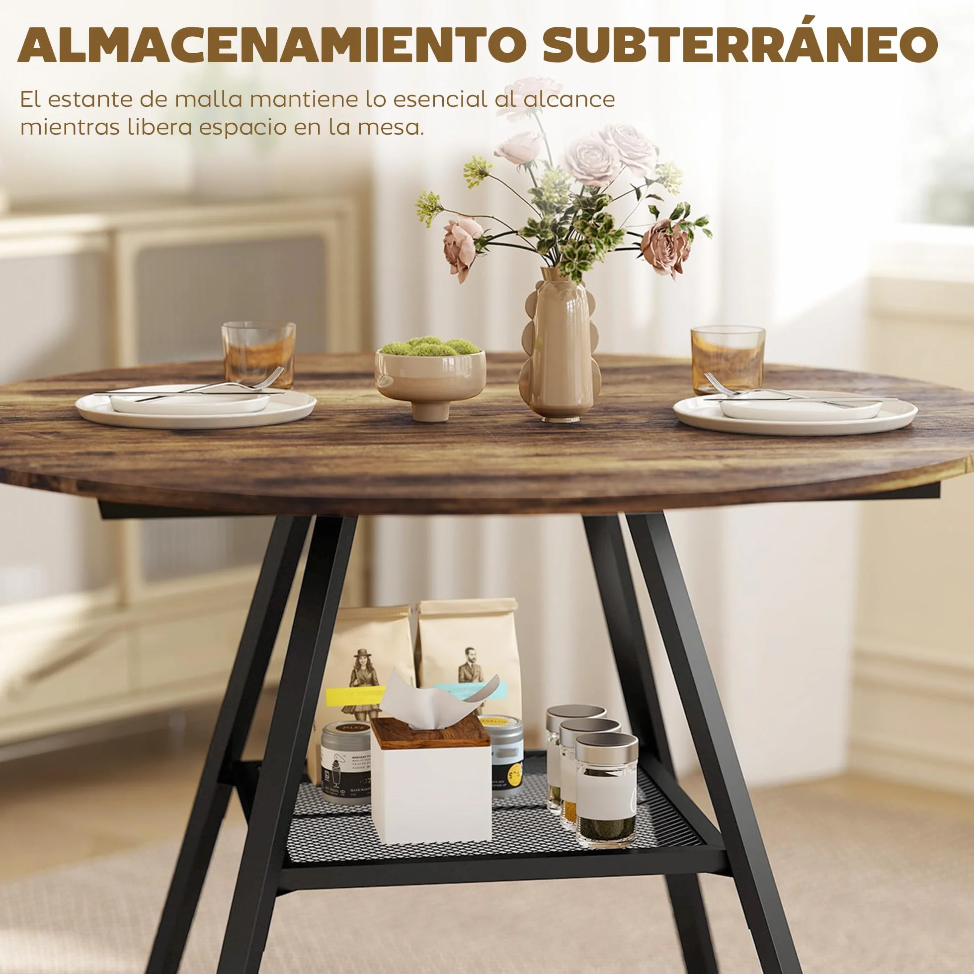HOMCOM Mesa de Comedor Redonda, Mesa de Cocina para 4 Personas con Estante, Marco Metálico, para Sala de Estar, Ø100x76 cm, Marrón Rústico
