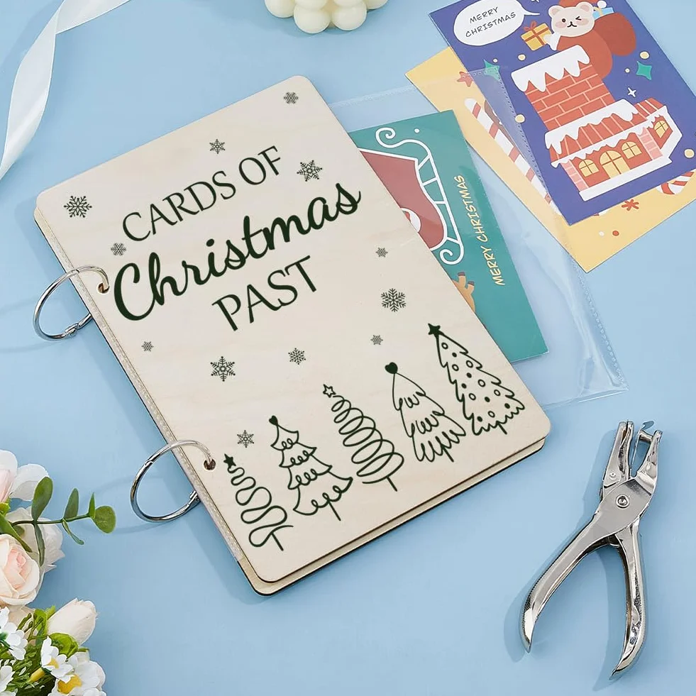 SUPERDANT Árbol de Navidad dibujado a mano, tarjetas de felicitación, organizador de tarjetas pasadas, carpeta de tarjetas postales, soporte para tarjetas de madera, regalos de Navidad, 2 anillos