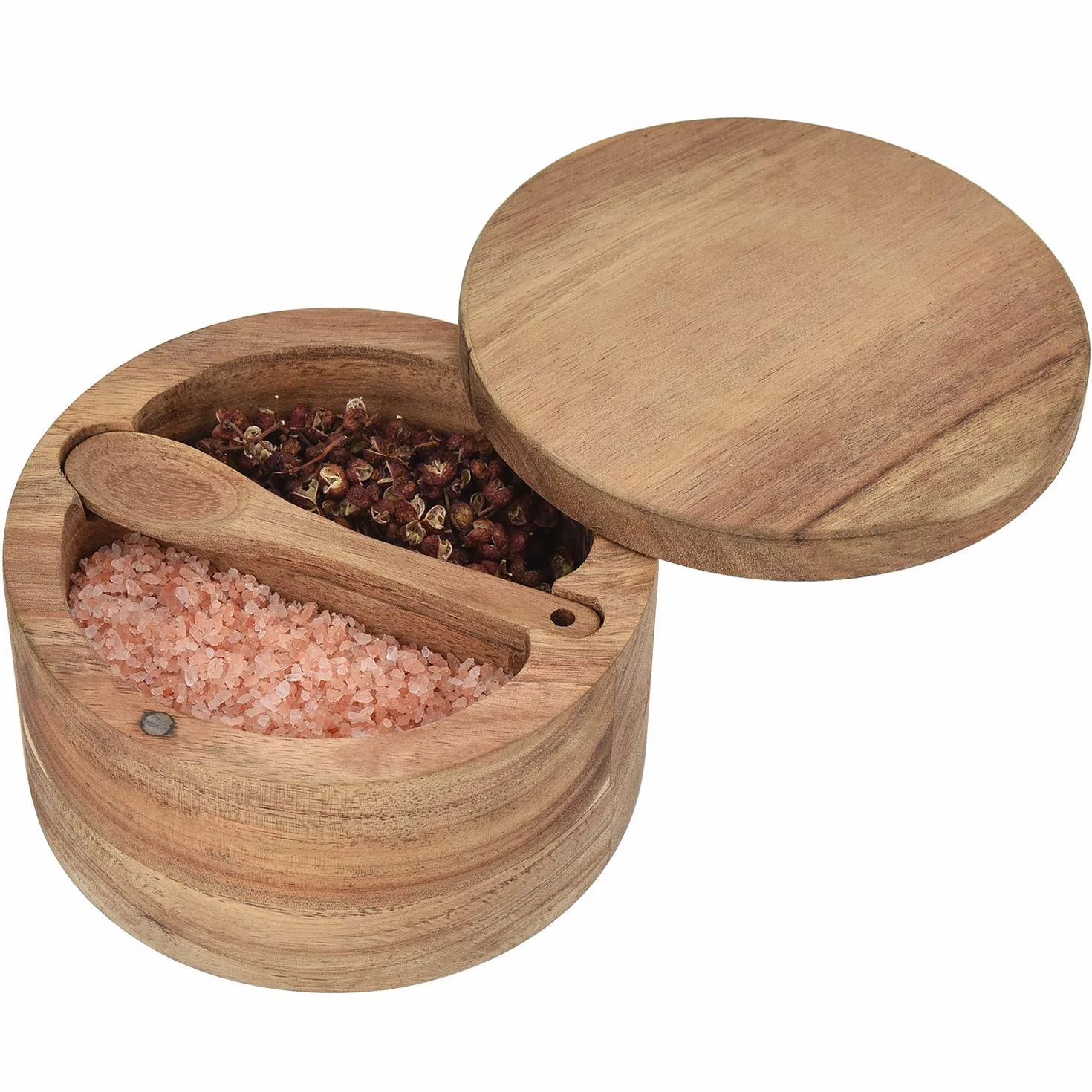 Salero de madera de acacia con cuchara interior y tapa con compartimentos dobles de 5 onzas