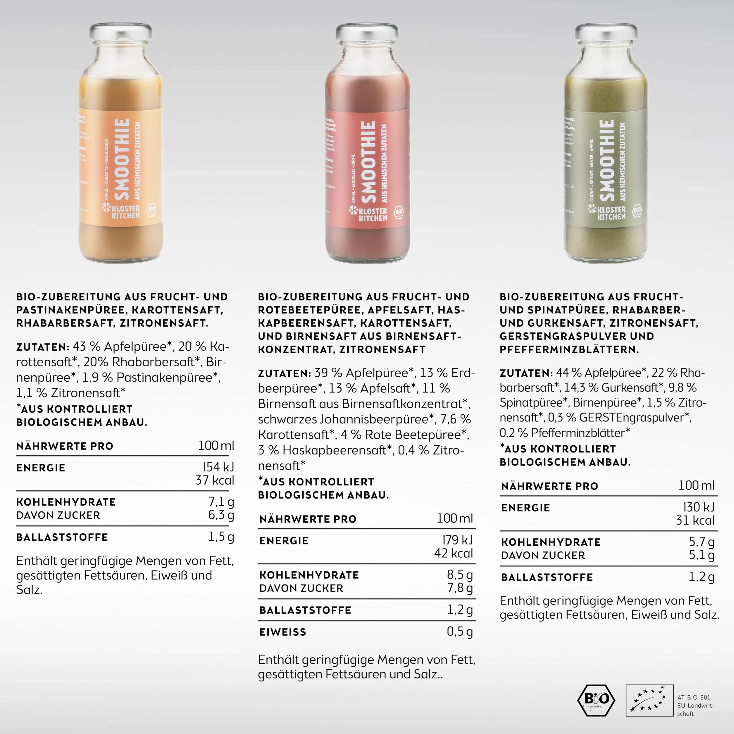 Kloster Kitchen Bio Smoothie Mix 6x250 ml Set Rojo Naranja Verde Vegano Desayuno Superalimentos Botella Vidrio