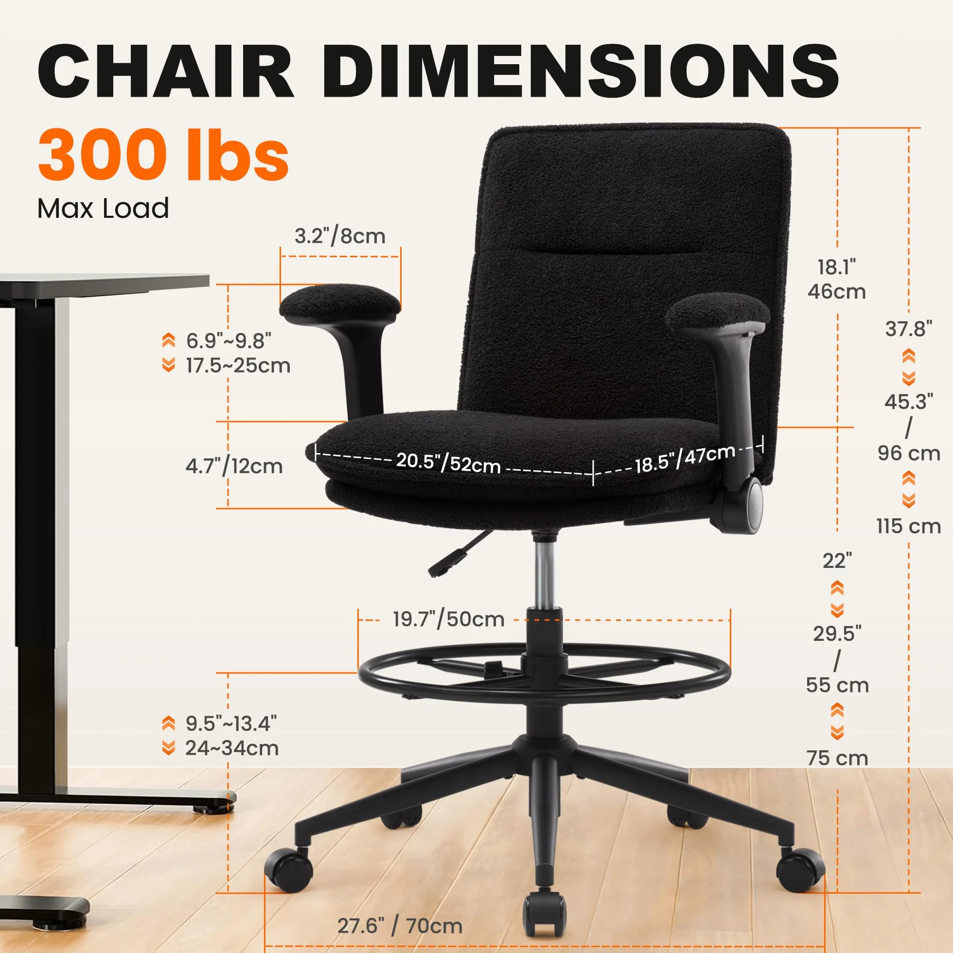 Silla de trabajo ergonómica regulable en altura, giratoria con reposapiés ajustable y reposabrazos plegables negra
