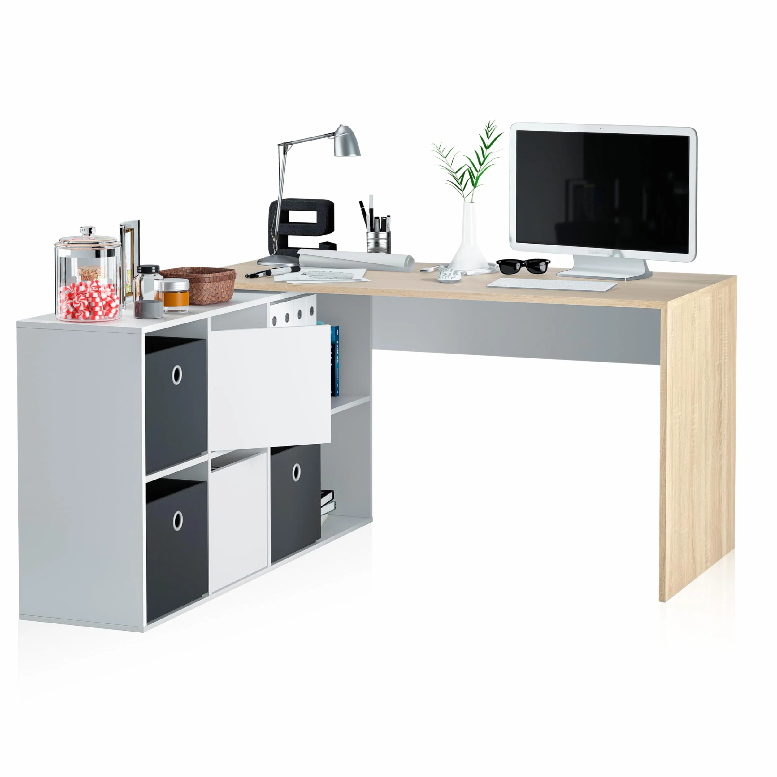 duehome | Escritorio Multiposición Reversible, Mesa Estudio, Mesa PC, Modelo Move, Acabado en Blanco Artik y Roble Canadian, Medidas: 136 cm (Largo) x 139 cm (Ancho) x 74 cm (Alto)