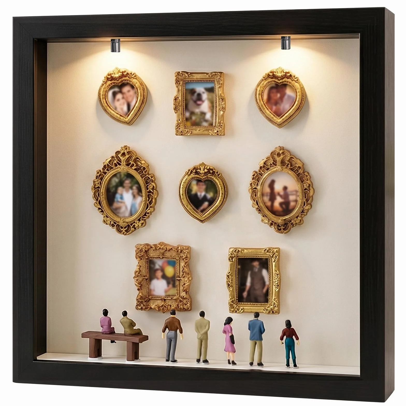 Museo En Miniatura DIY con LED, Mini Museo De Fotos Estilo Vintage, 8 Mini Marcos Dorados Y 8 Figuras Decorativas, Set De Regalo para San Valentín, Boda Y Aniversario (Negro)