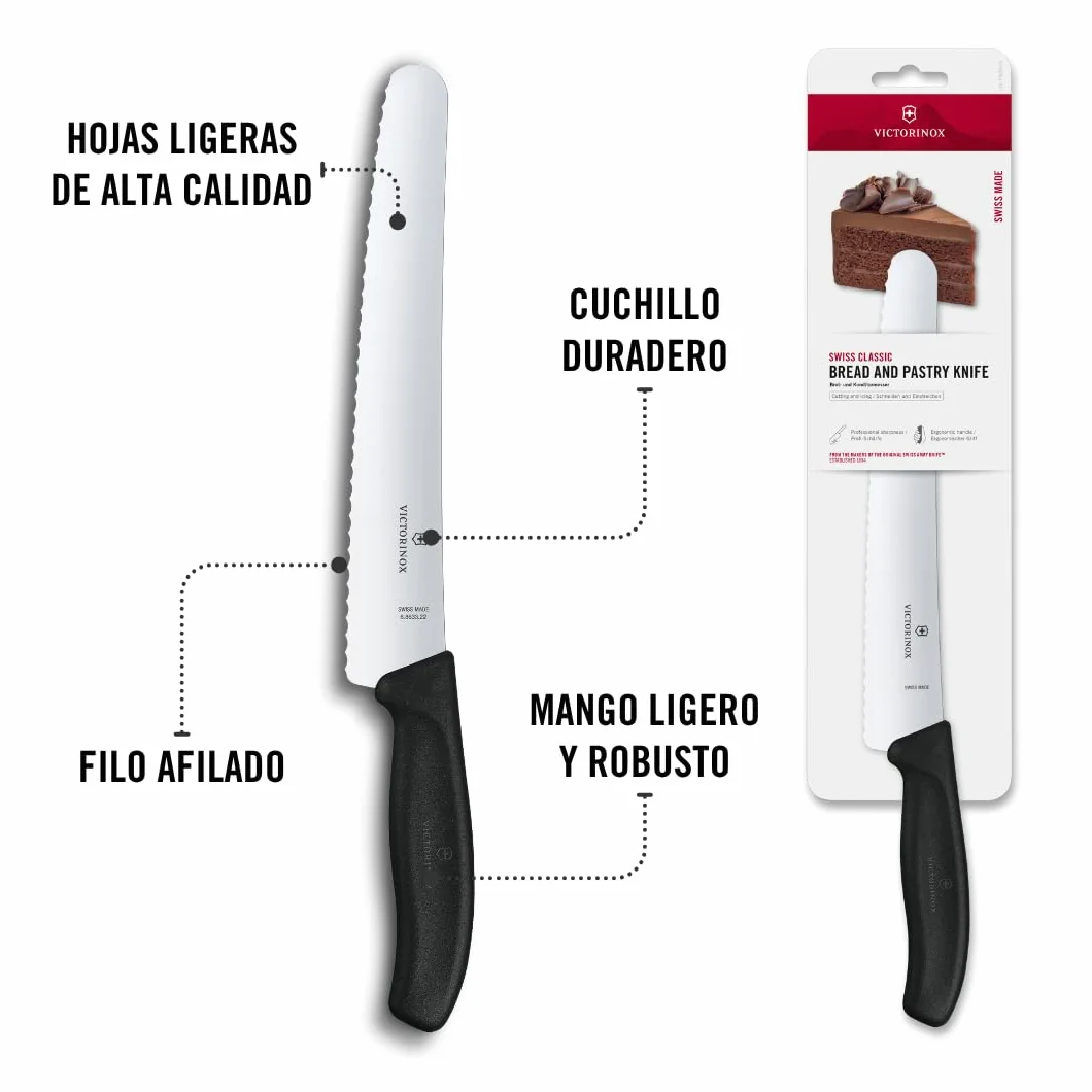 Victorinox Swiss Classic Cuchillo para pan con filo dentado, redondo, fabricado en acero inoxidable, apto para el lavavajillas y de color negro